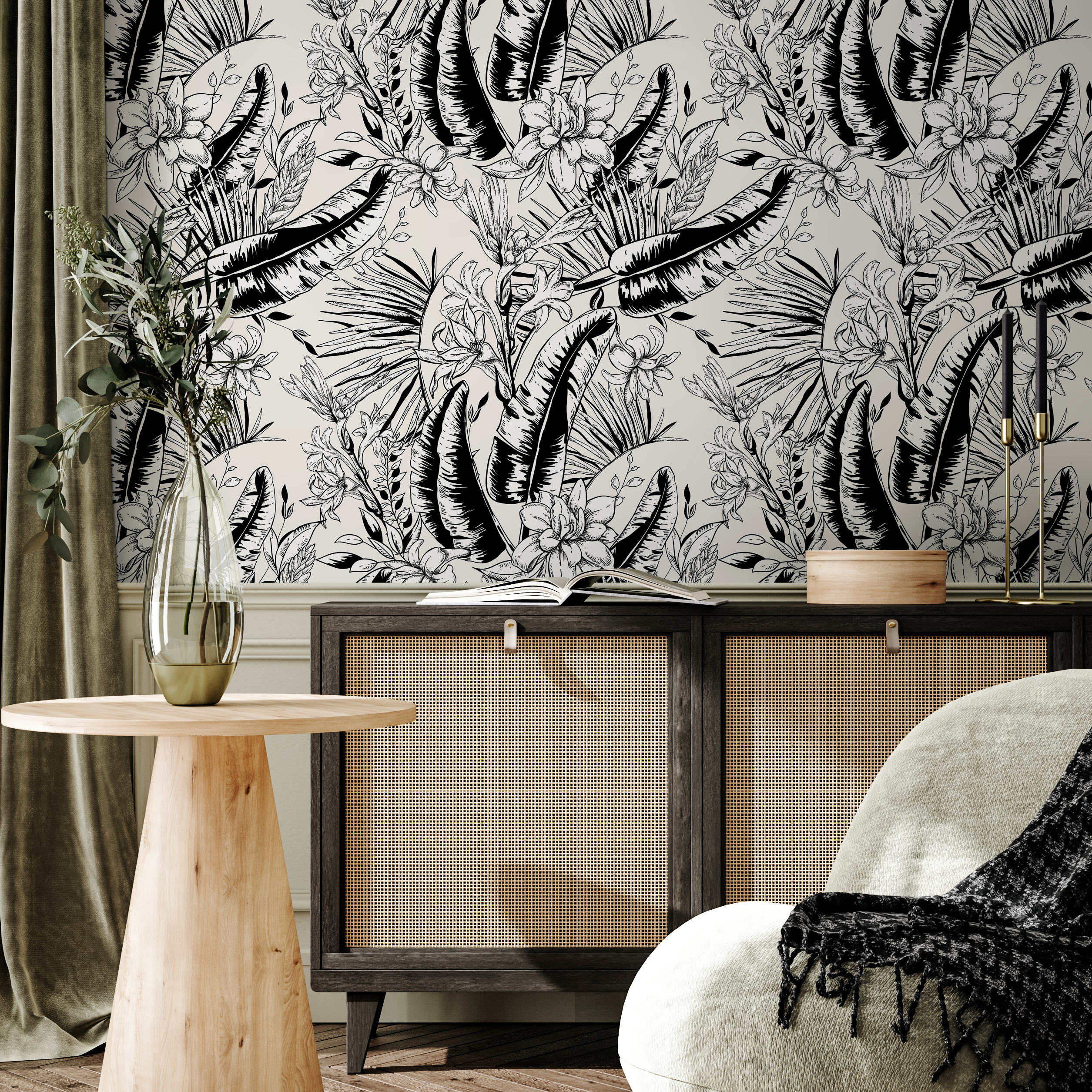 Tropical Wallpaper With Sketched Jungle Botanicals In Black And White - B744