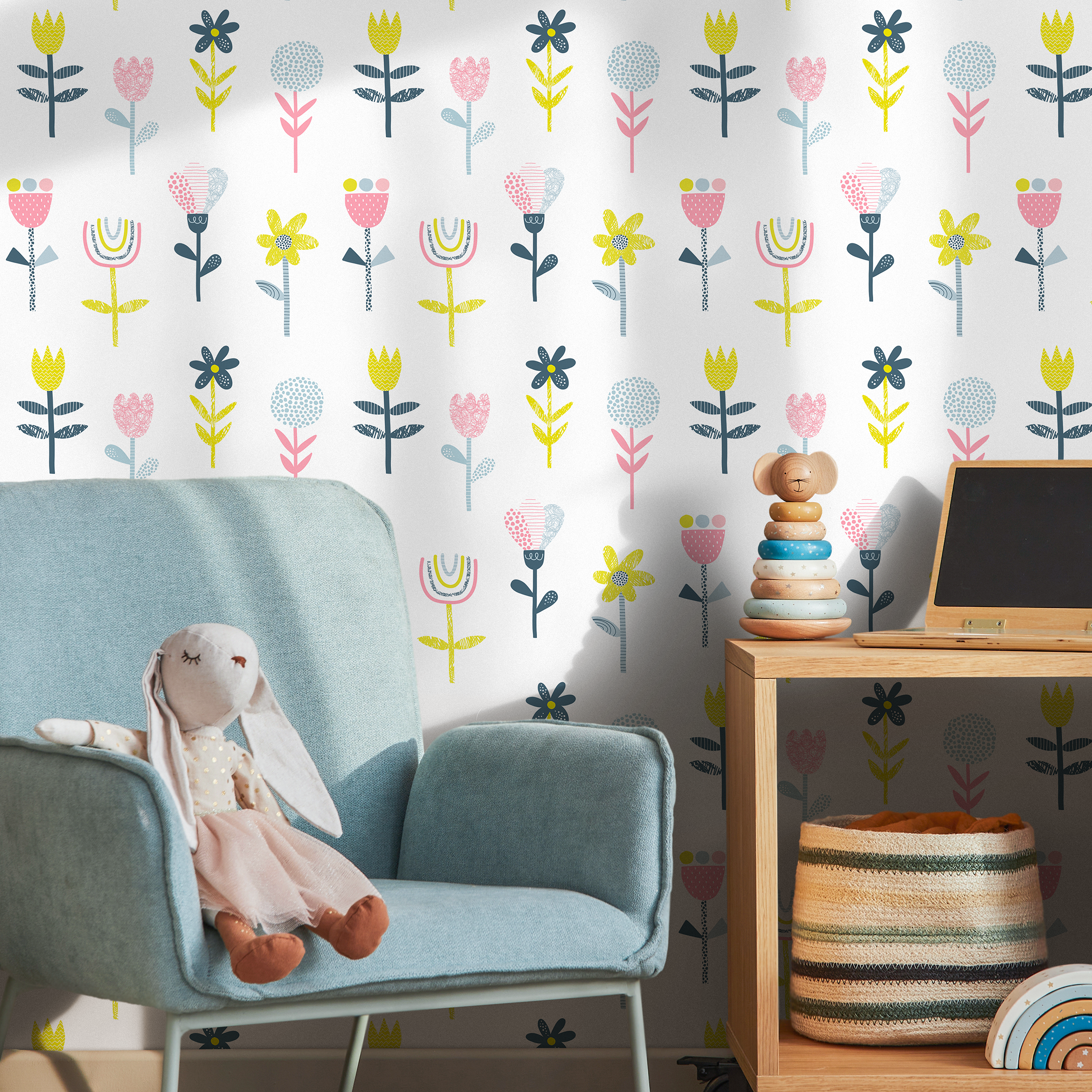 Floral Wallpaper With Scandinavian Folk Art Flowers In Pink, Yellow, And Blue - B745
