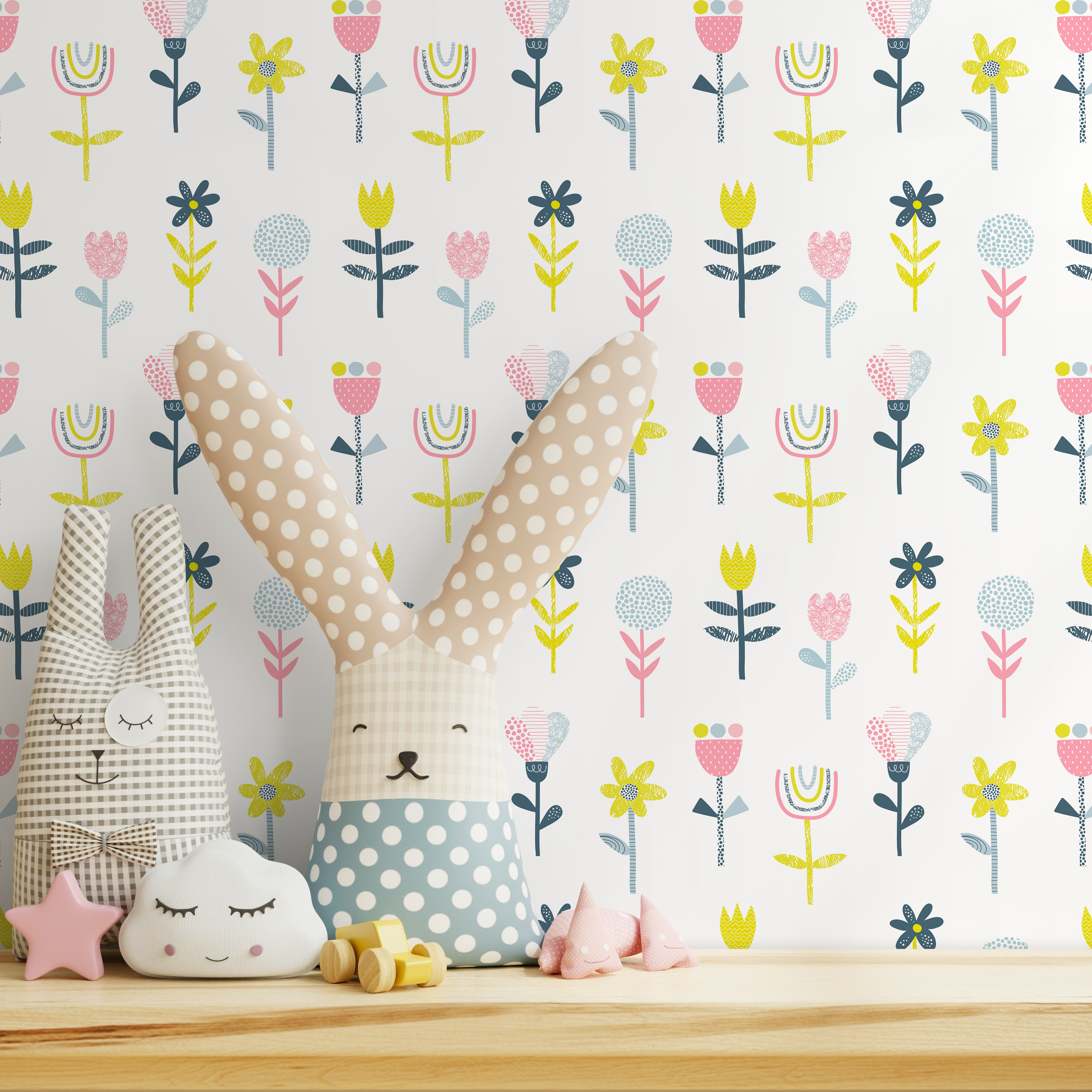 Floral Wallpaper With Scandinavian Folk Art Flowers In Pink, Yellow, And Blue - B745