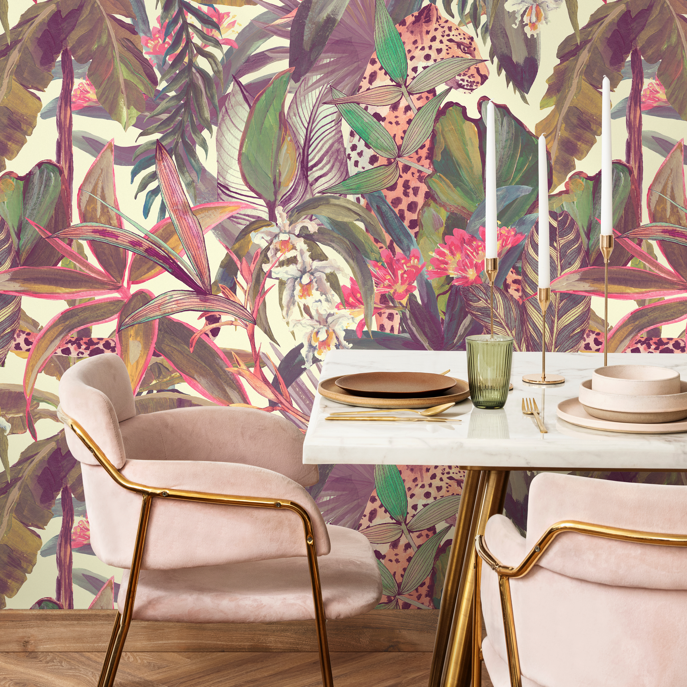 Jungle Wallpaper With A Painterly Leopard In Purple, Pink, And Green - B746