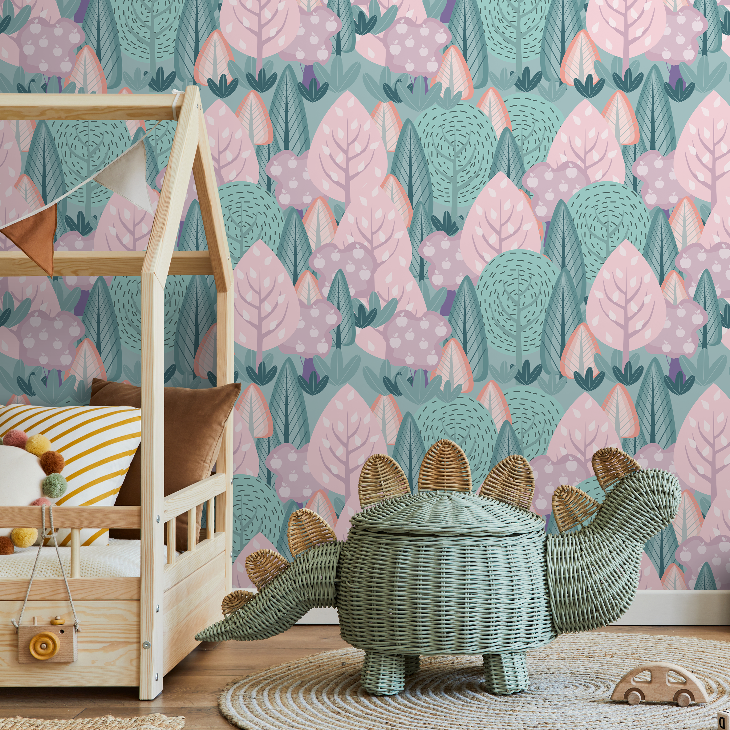 Forest Wallpaper With Stylized Apple Trees In Pink, Green, And Purple - B747