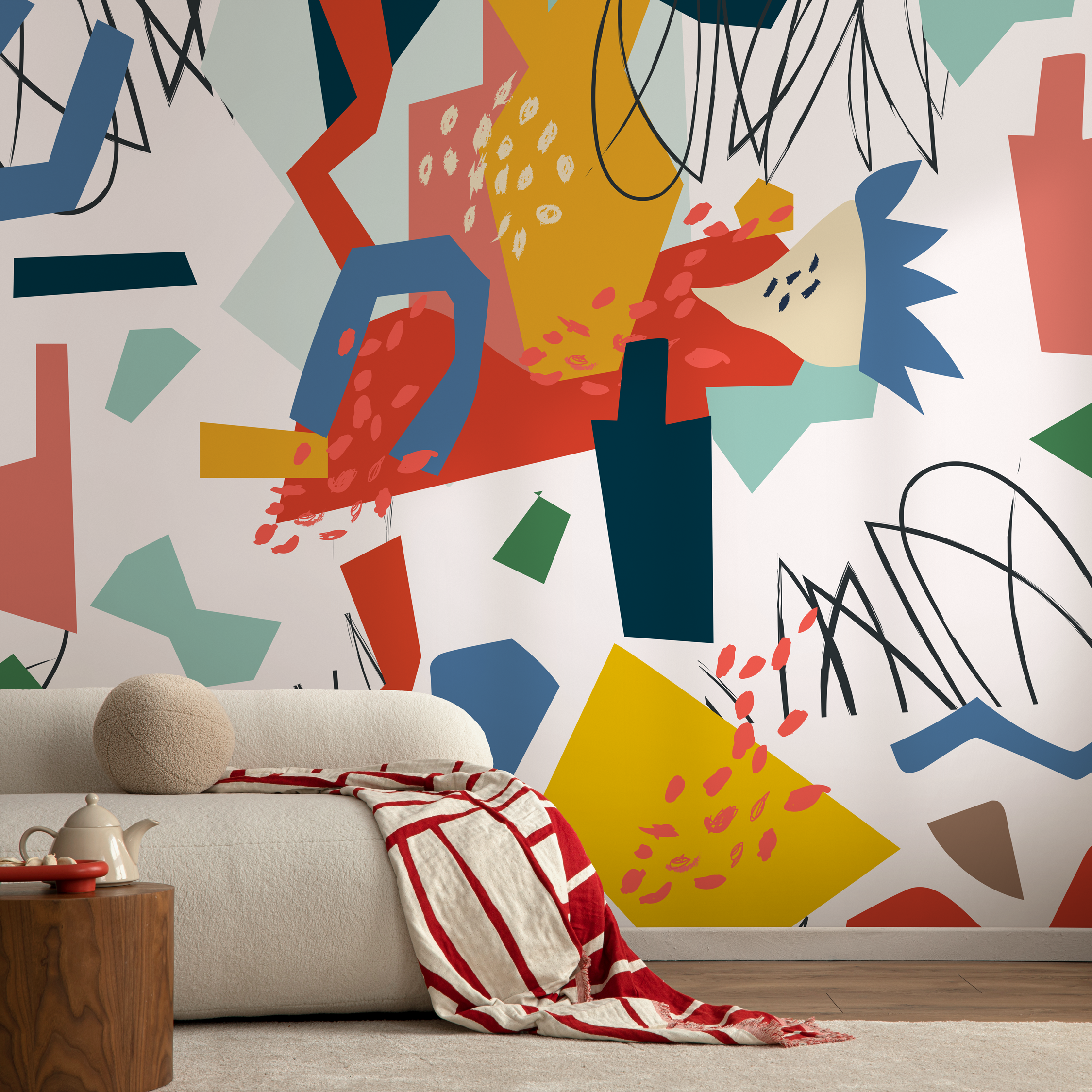 Abstract Wallpaper With A Colorful Cutout Motif In Red, Blue, And Yellow - B748
