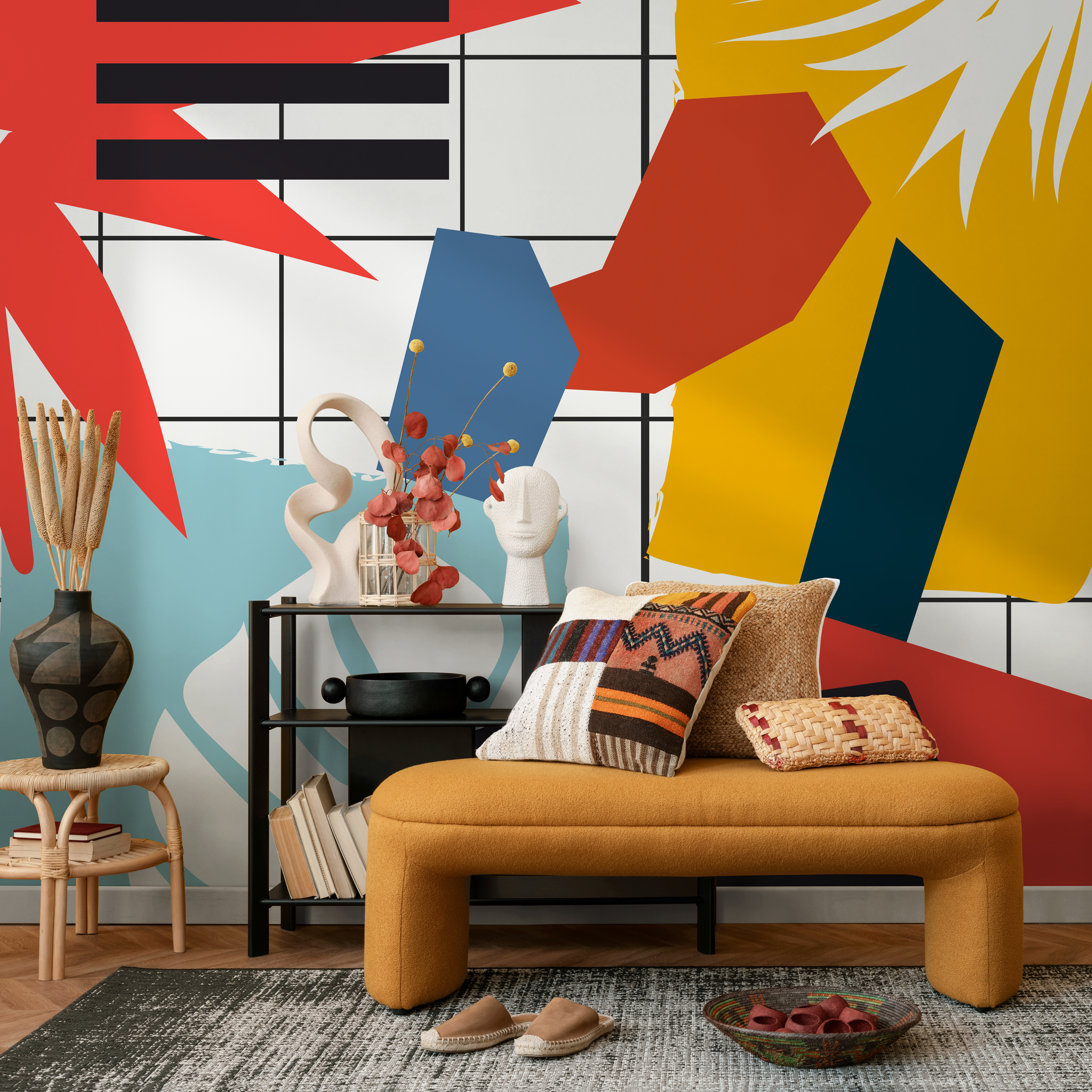 Abstract Wallpaper With Bold Geometric Shapes In Yellow, Blue, And Red - B749
