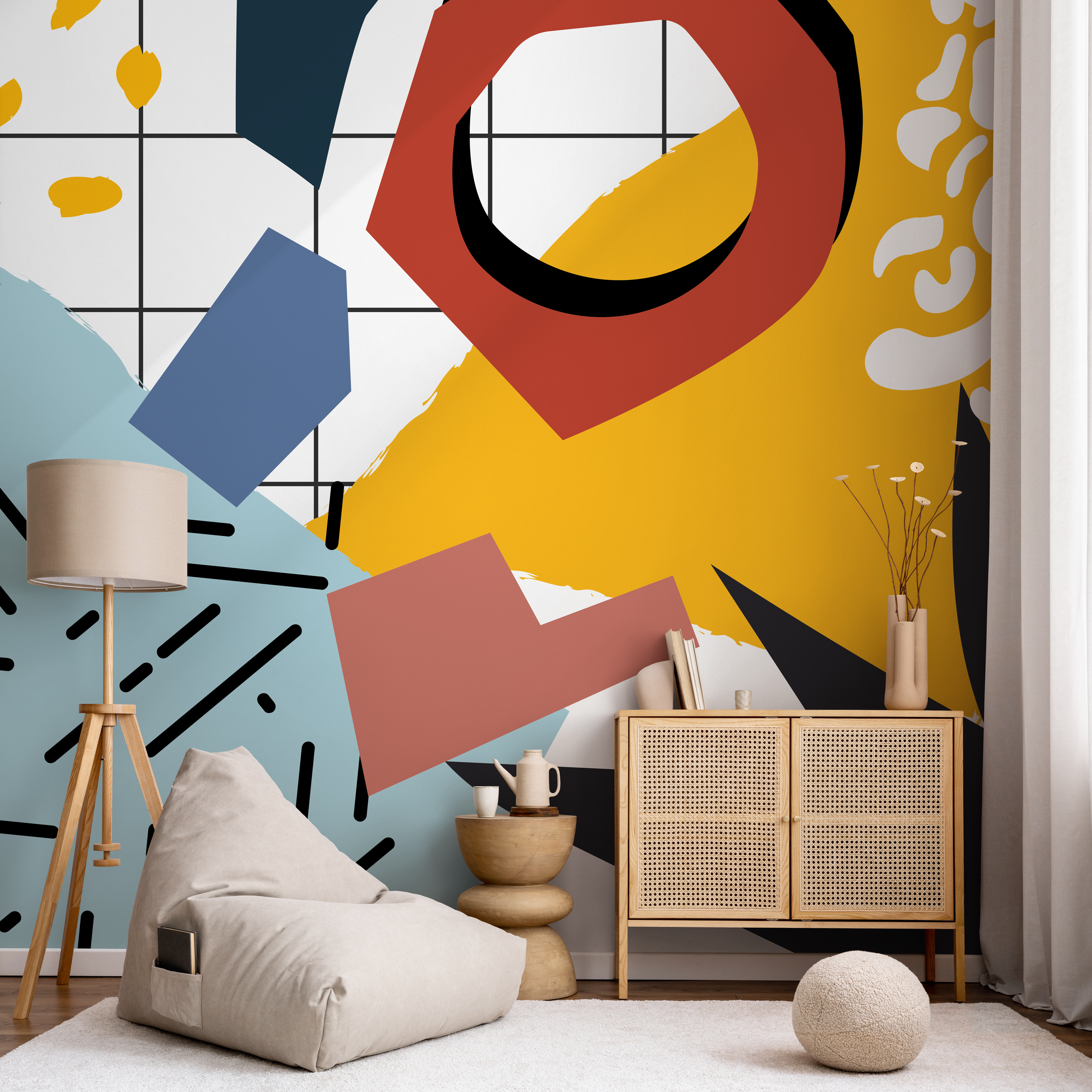 Abstract Wallpaper With Bold Geometric Shapes In Yellow, Blue, And Red - B749