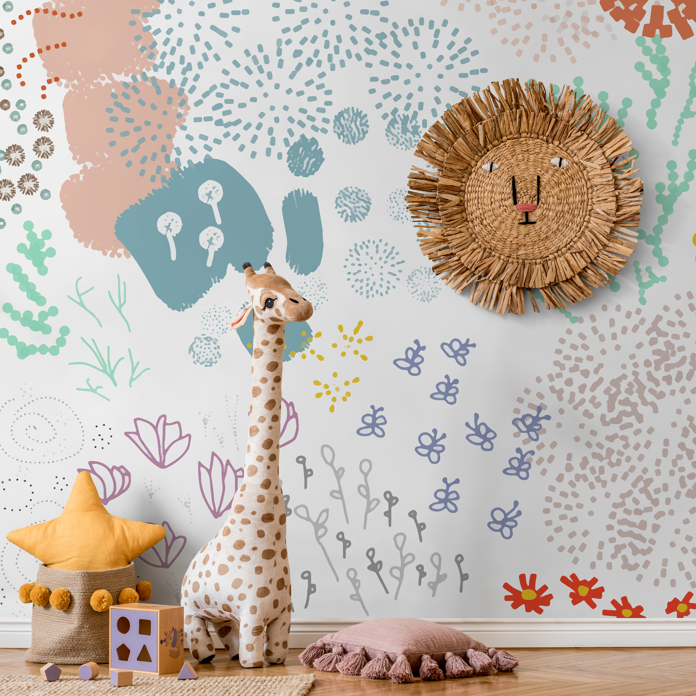 Abstract Wallpaper With Playful Doodles In Blue, Pink, And Green - B750