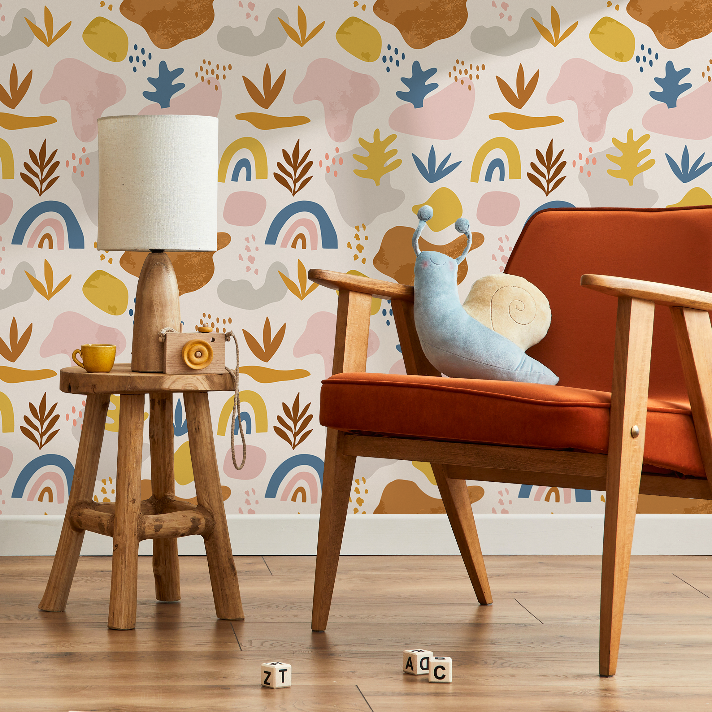 Abstract Wallpaper With Organic Shapes And Rainbows In Blue, Yellow, And Brown - B751