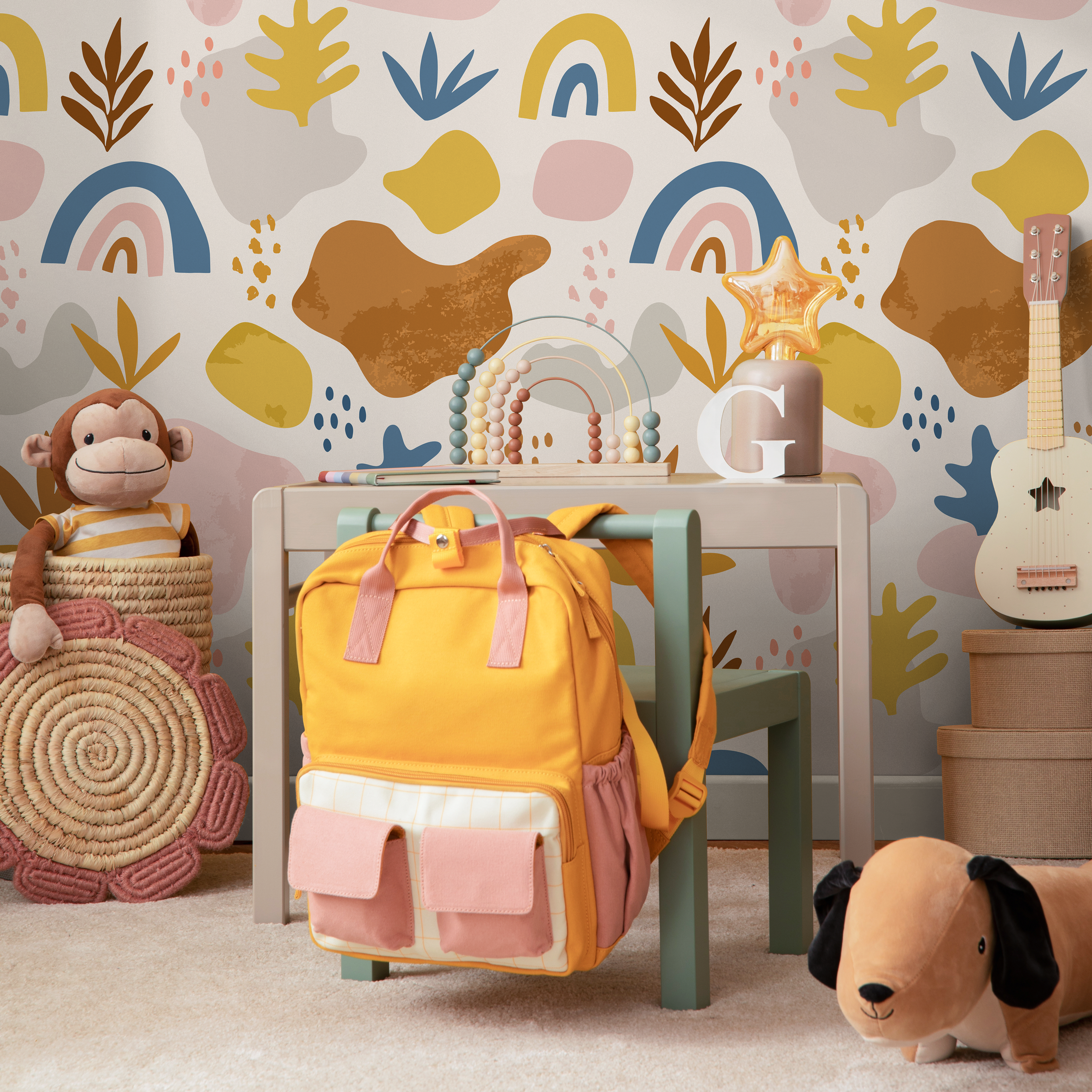 Abstract Wallpaper With Organic Shapes And Rainbows In Blue, Yellow, And Brown - B751