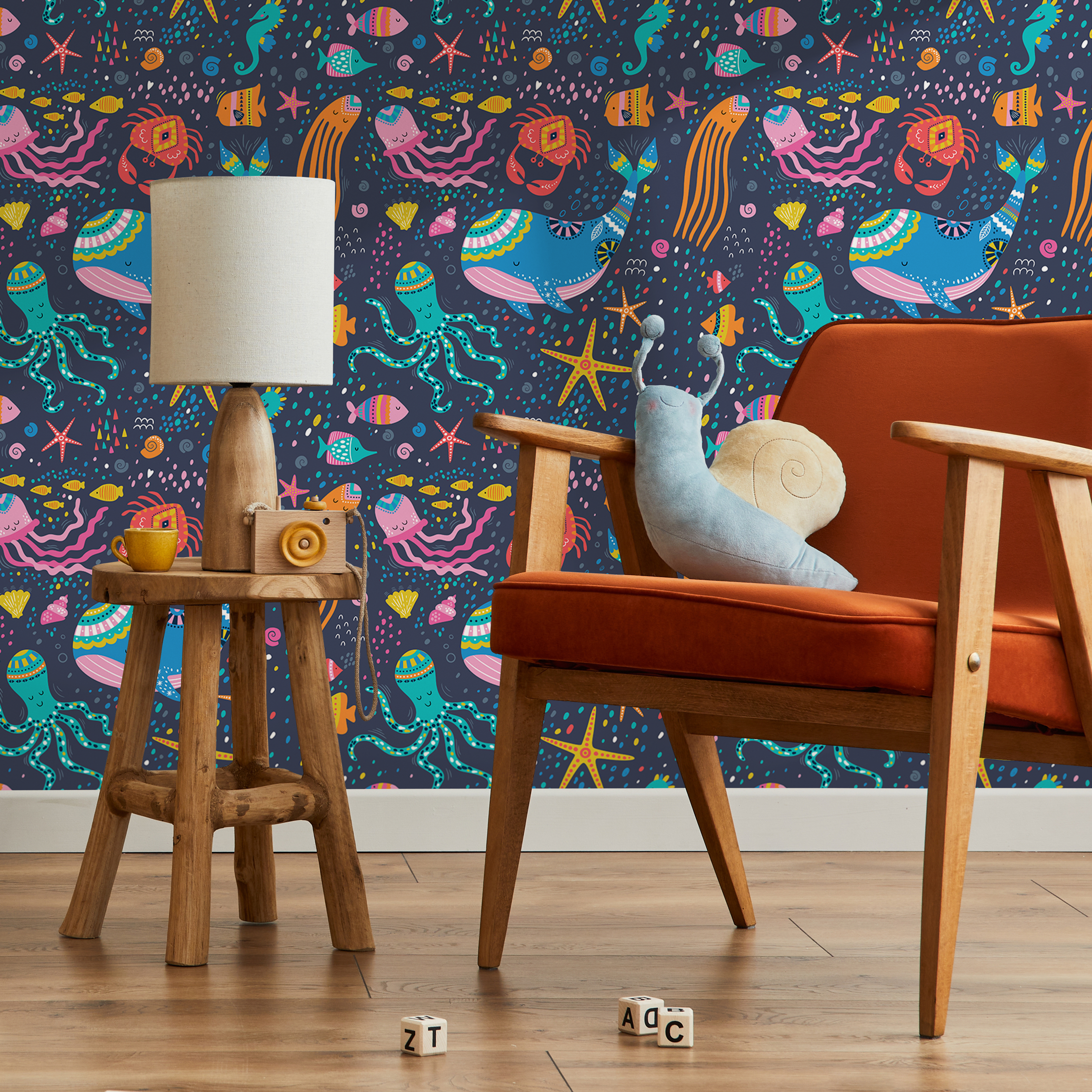 Sea Life Wallpaper Featuring Folk Art Sea Creatures In Blue, Pink, And Yellow - B752