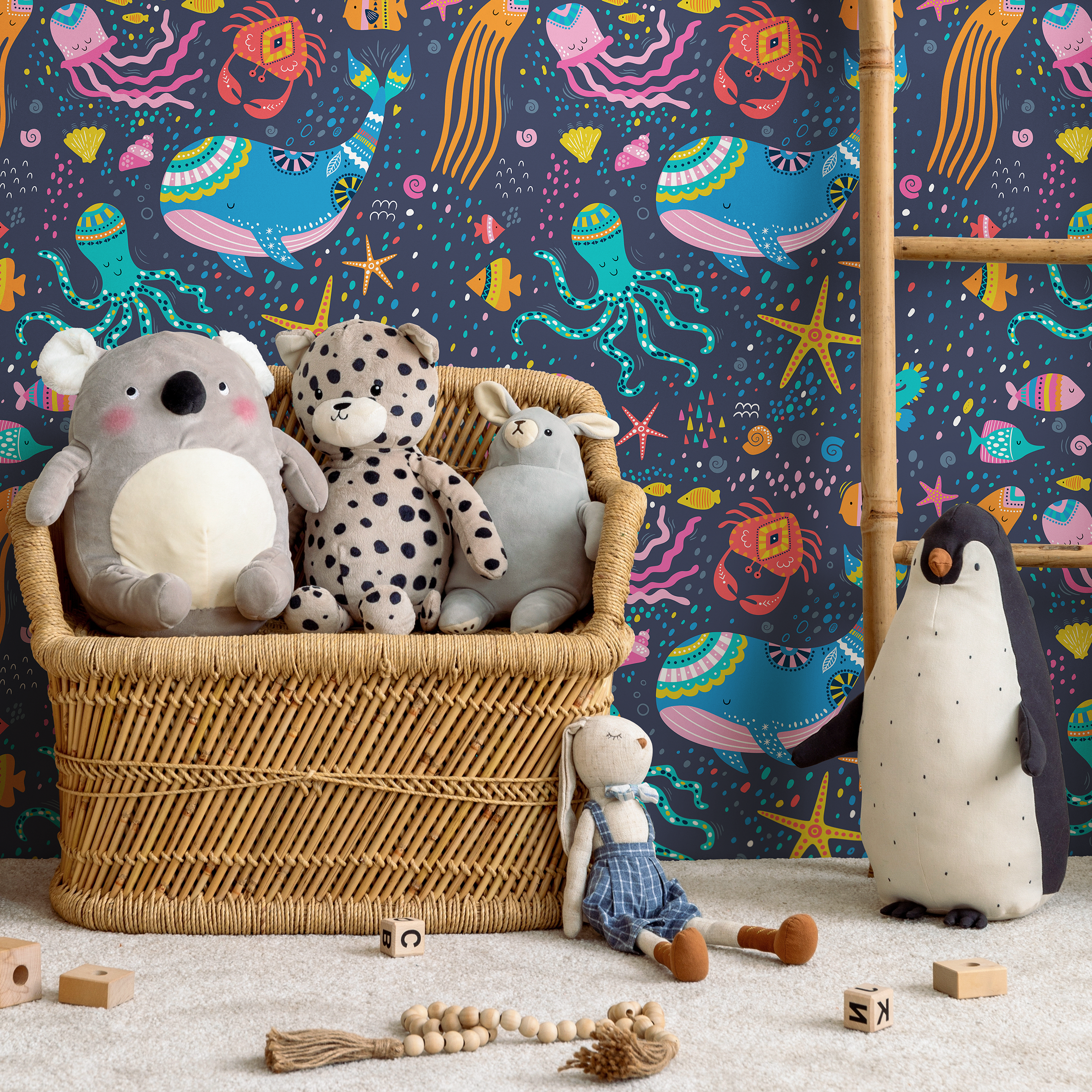 Sea Life Wallpaper Featuring Folk Art Sea Creatures In Blue, Pink, And Yellow - B752