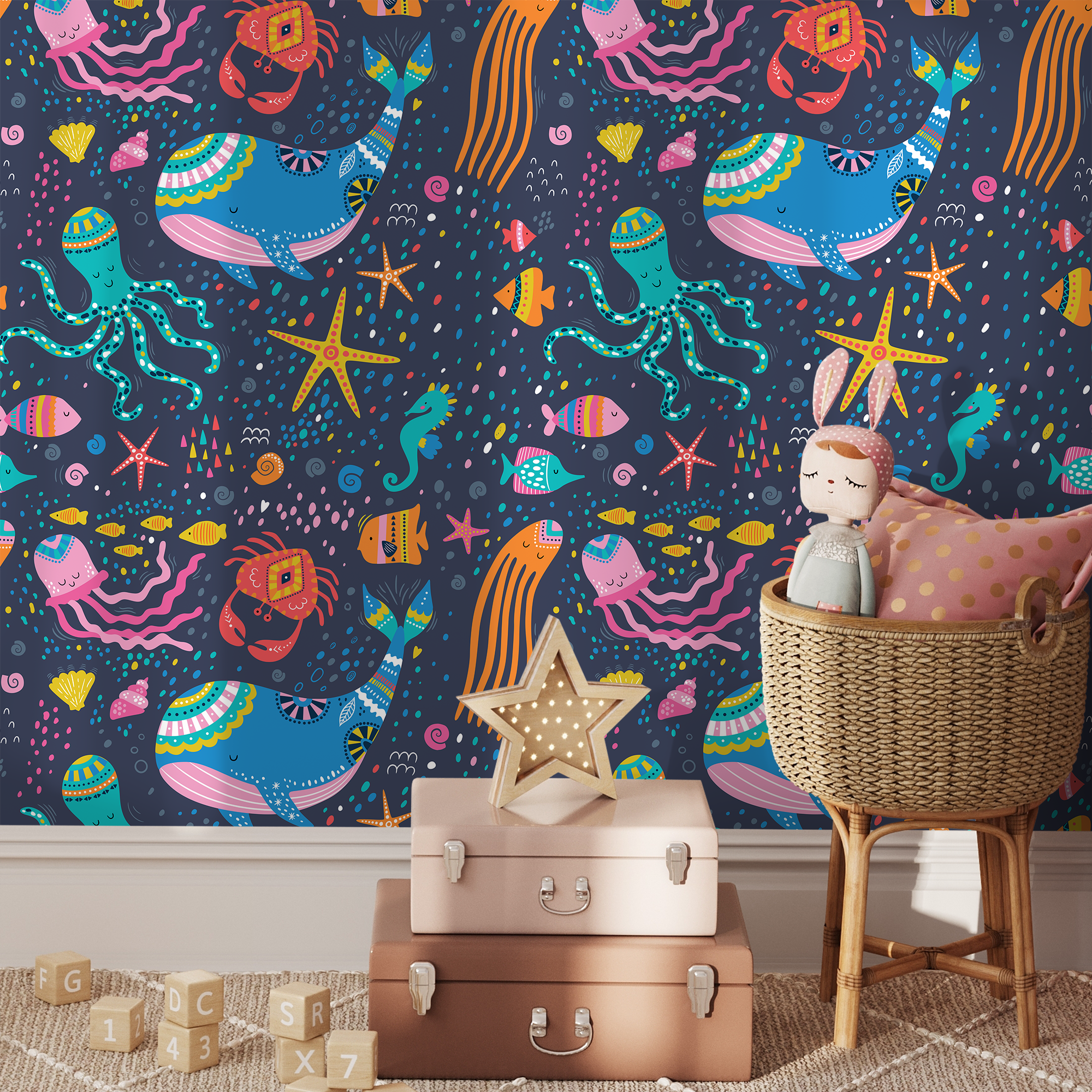 Sea Life Wallpaper Featuring Folk Art Sea Creatures In Blue, Pink, And Yellow - B752