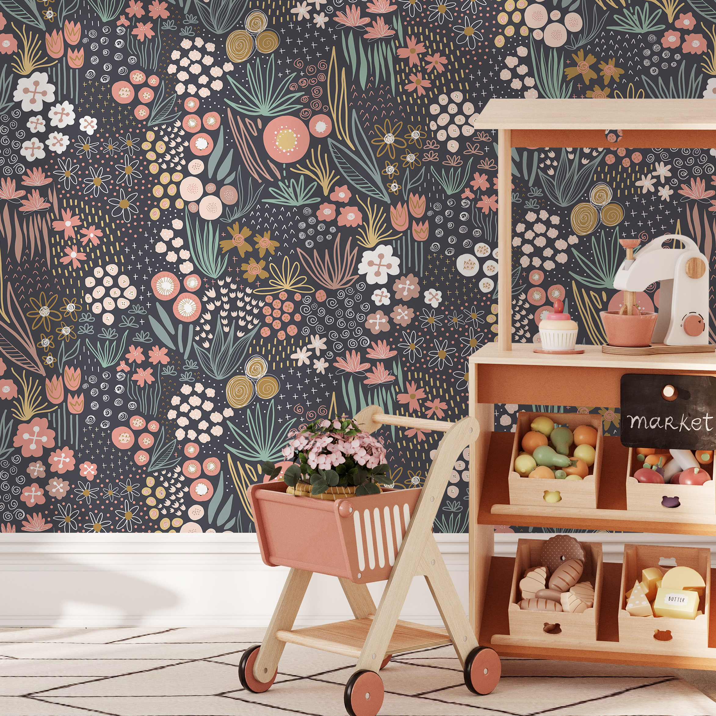 Botanical Wallpaper With A Whimsical Meadow In Pink, Green, And Yellow - B754