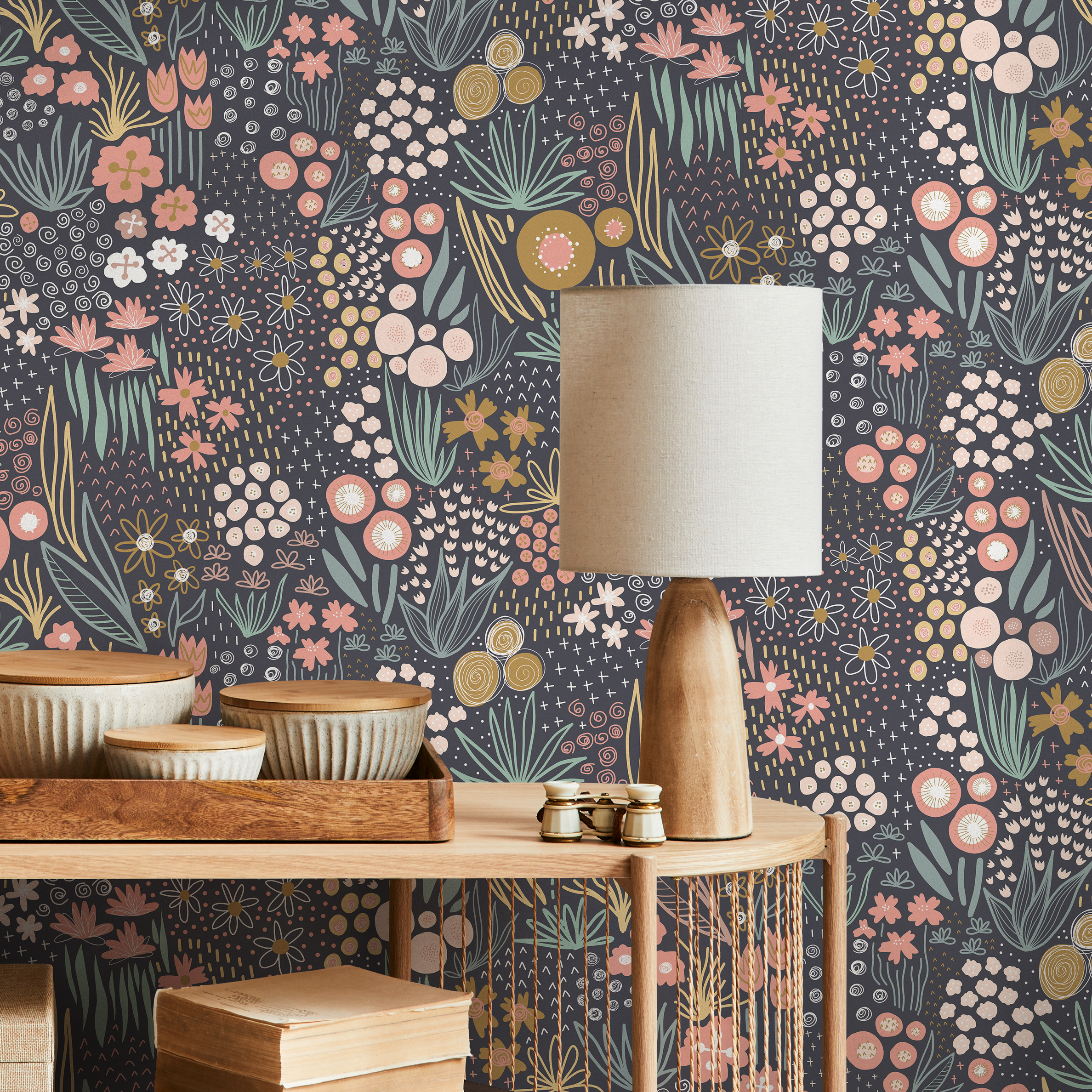 Botanical Wallpaper With A Whimsical Meadow In Pink, Green, And Yellow - B754