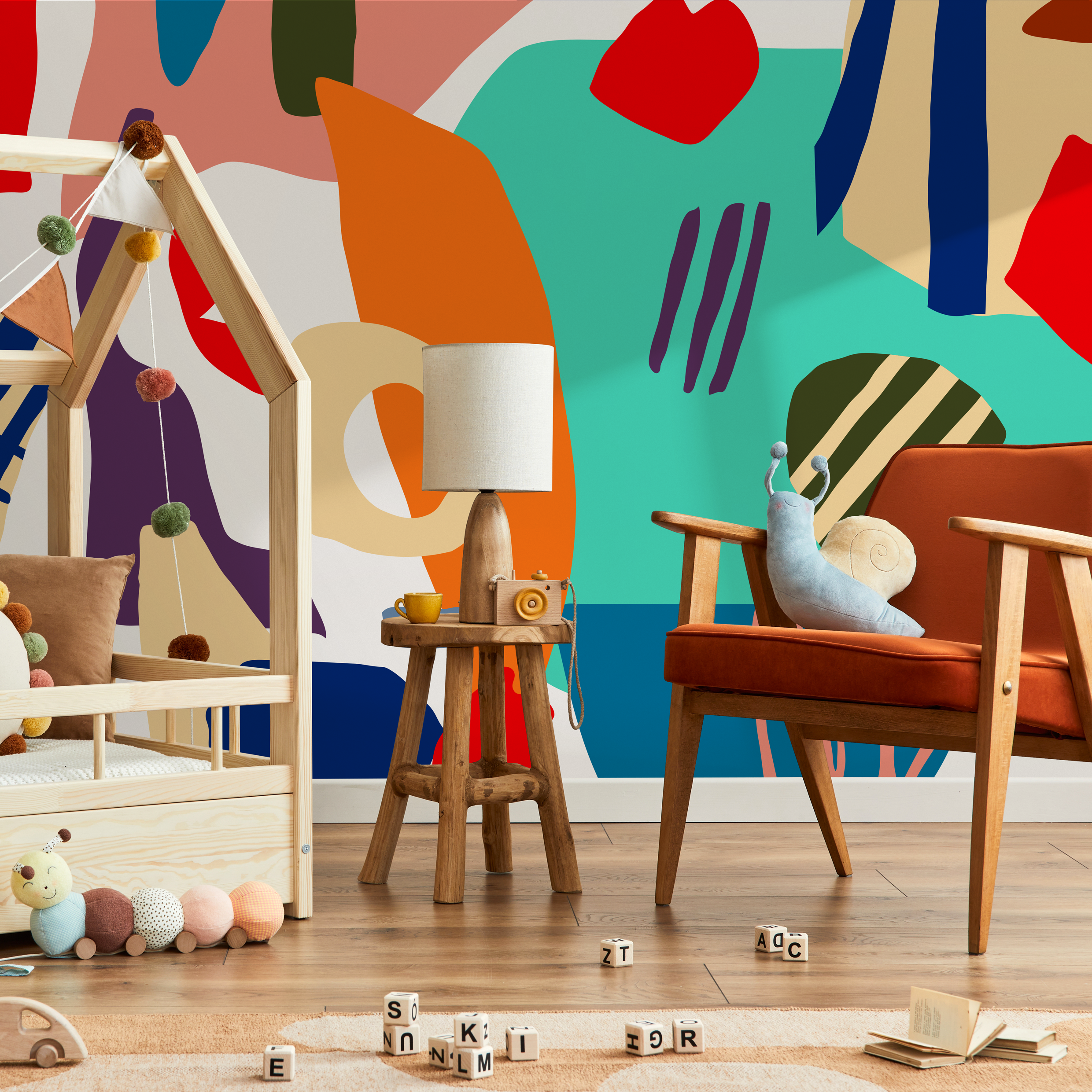 Abstract Wallpaper With A Collage Of Bold Shapes In Blue, Orange, And Yellow - B755