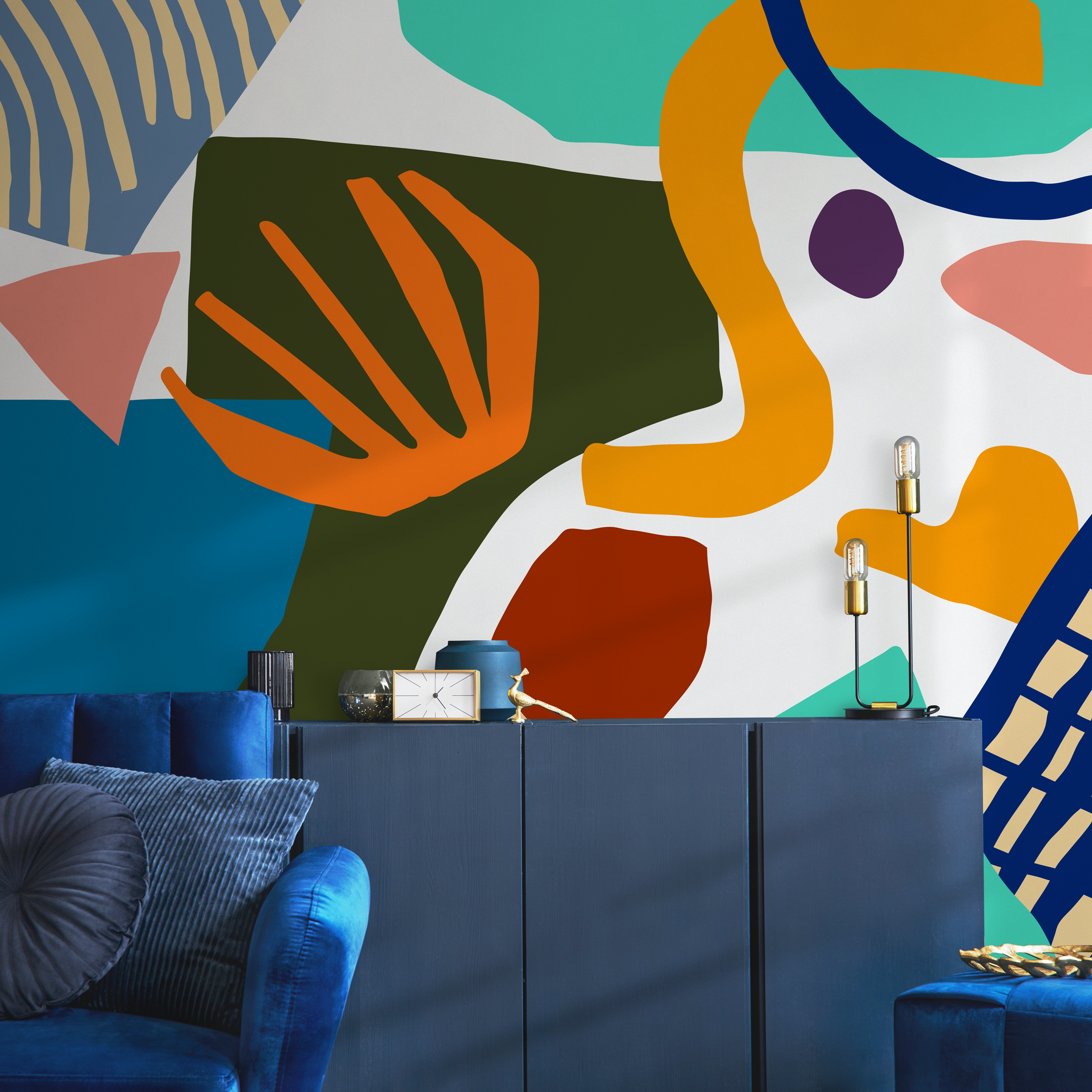 Abstract Wallpaper With A Collage Of Bold Shapes In Blue, Orange, And Yellow - B755