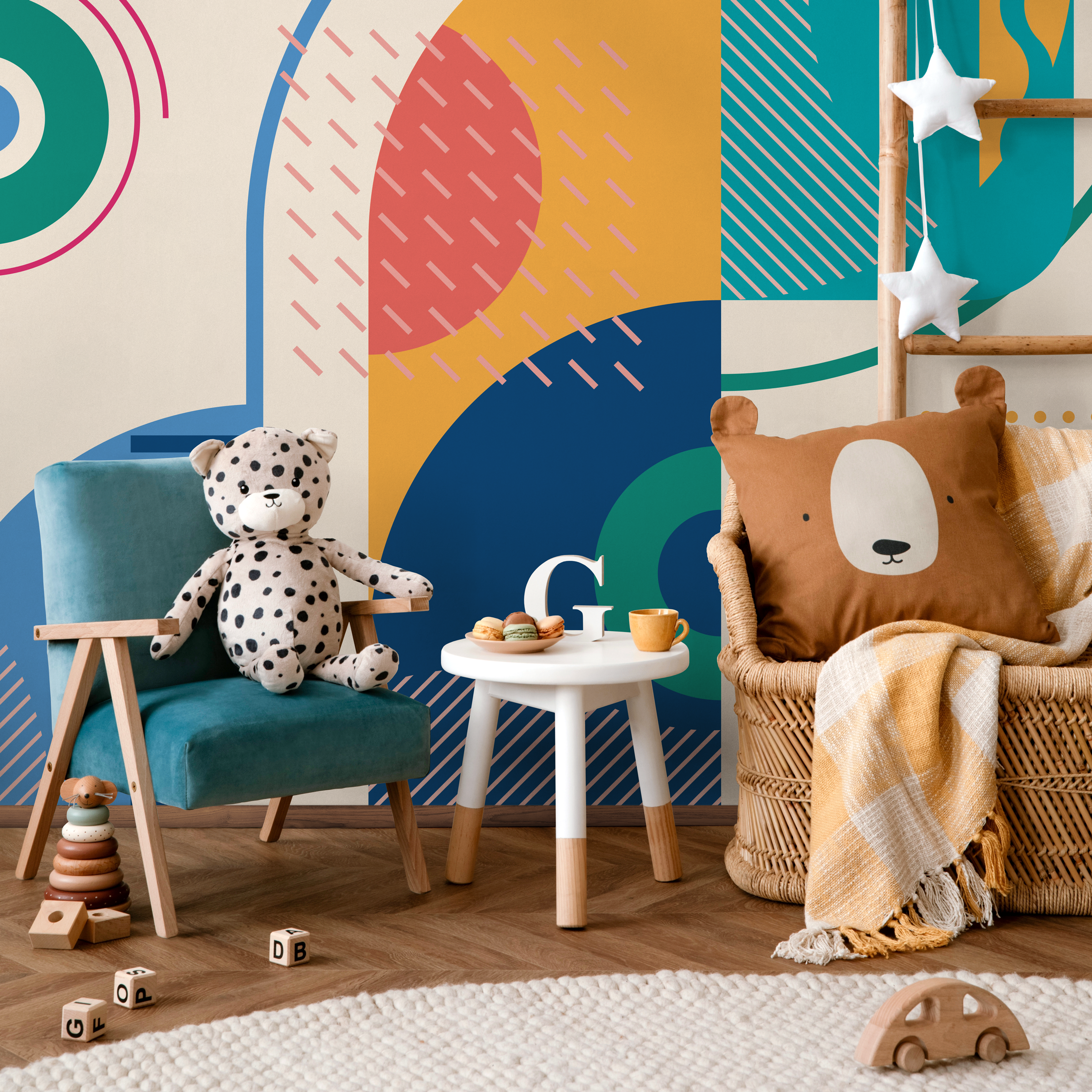 Abstract Wallpaper With Colorful Geometric Shapes In Teal, Red, And Yellow - B757