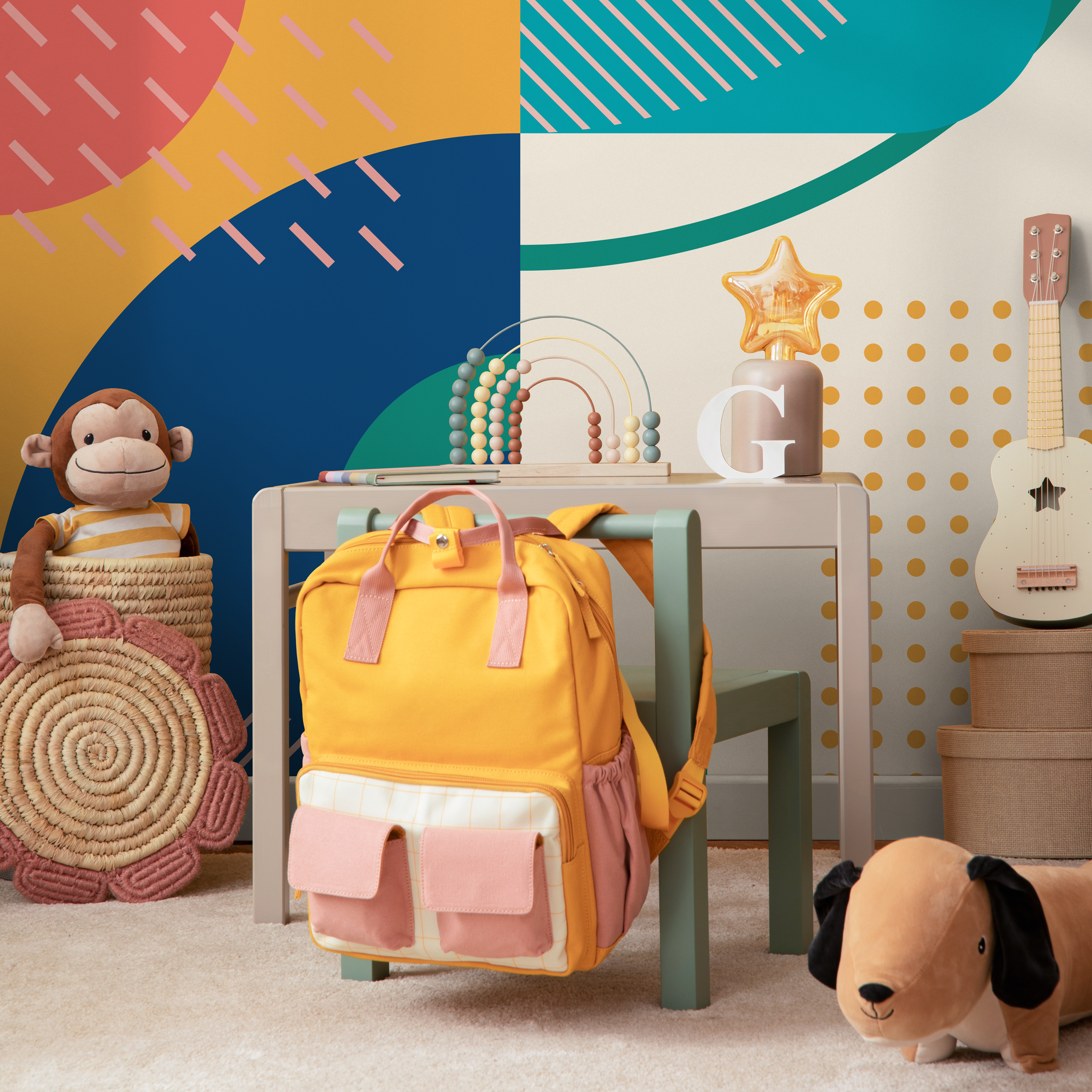 Abstract Wallpaper With Colorful Geometric Shapes In Teal, Red, And Yellow - B757