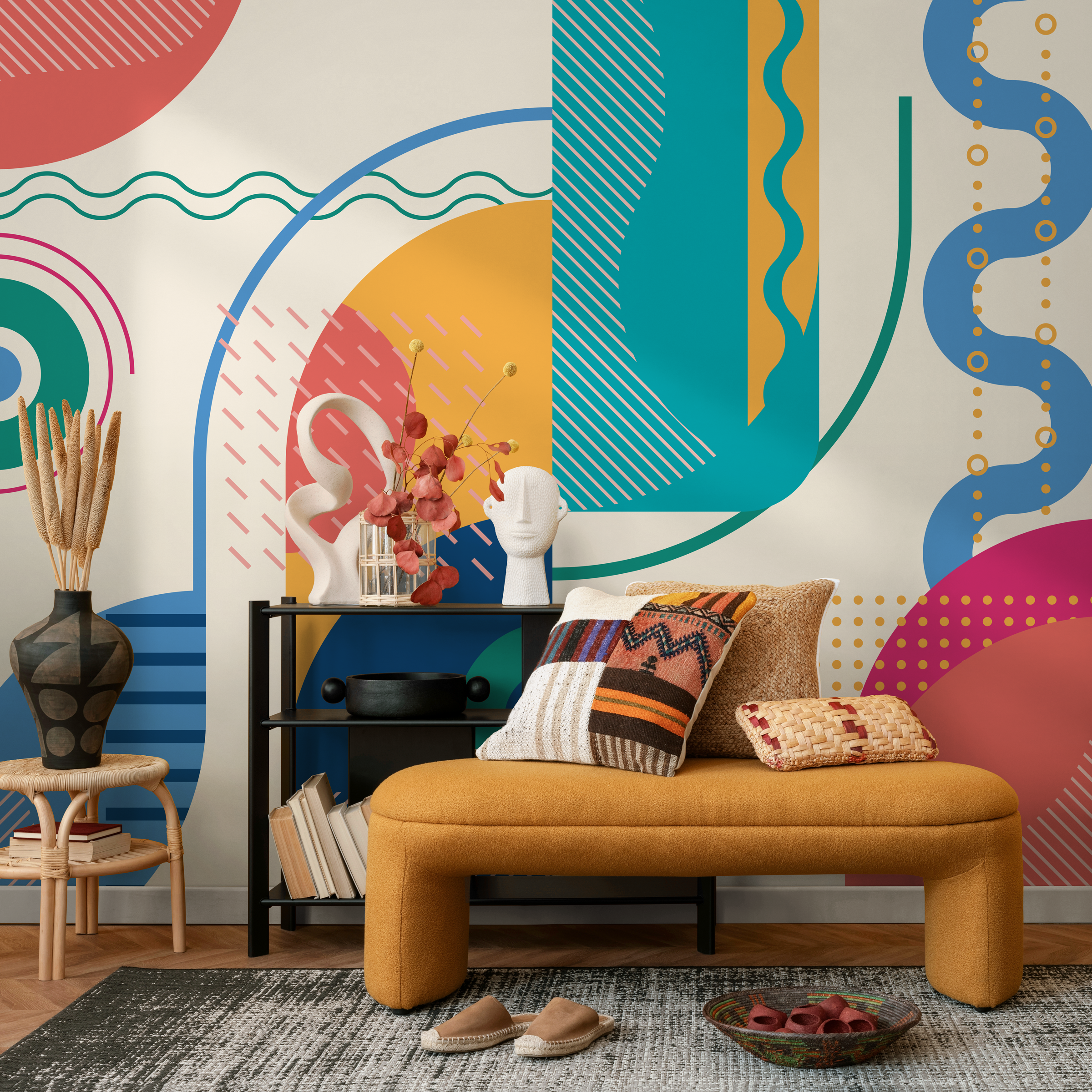Abstract Wallpaper With Colorful Geometric Shapes In Teal, Red, And Yellow - B757