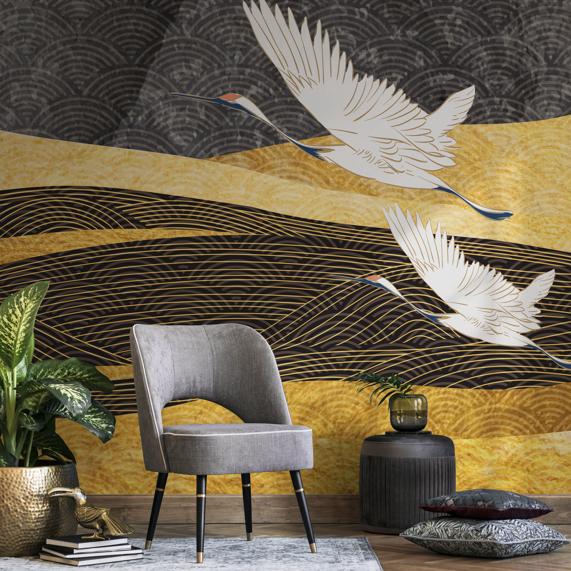 Japanese Wallpaper With Flying Cranes In Black, Gold, And White - B758