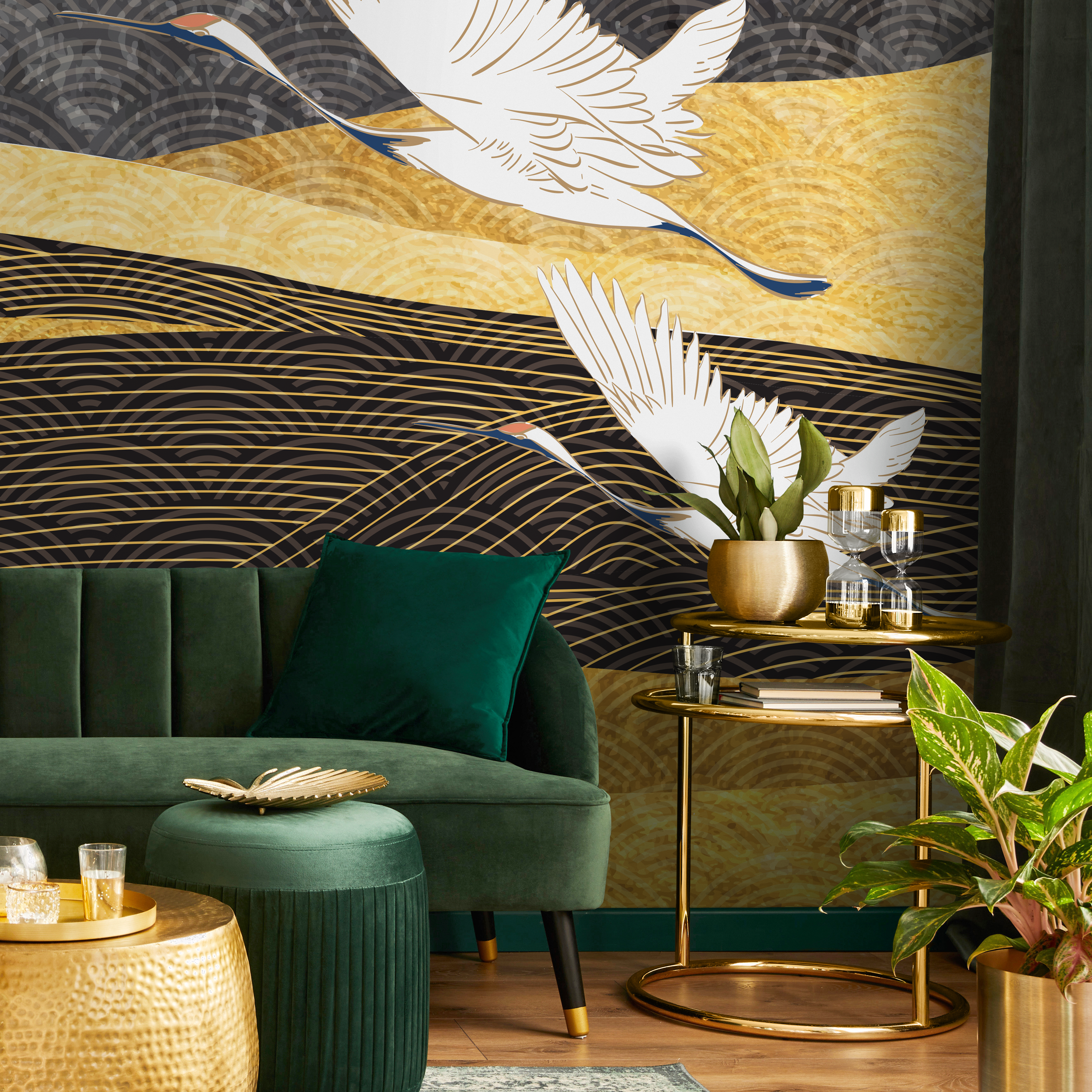 Japanese Wallpaper With Flying Cranes In Black, Gold, And White - B758