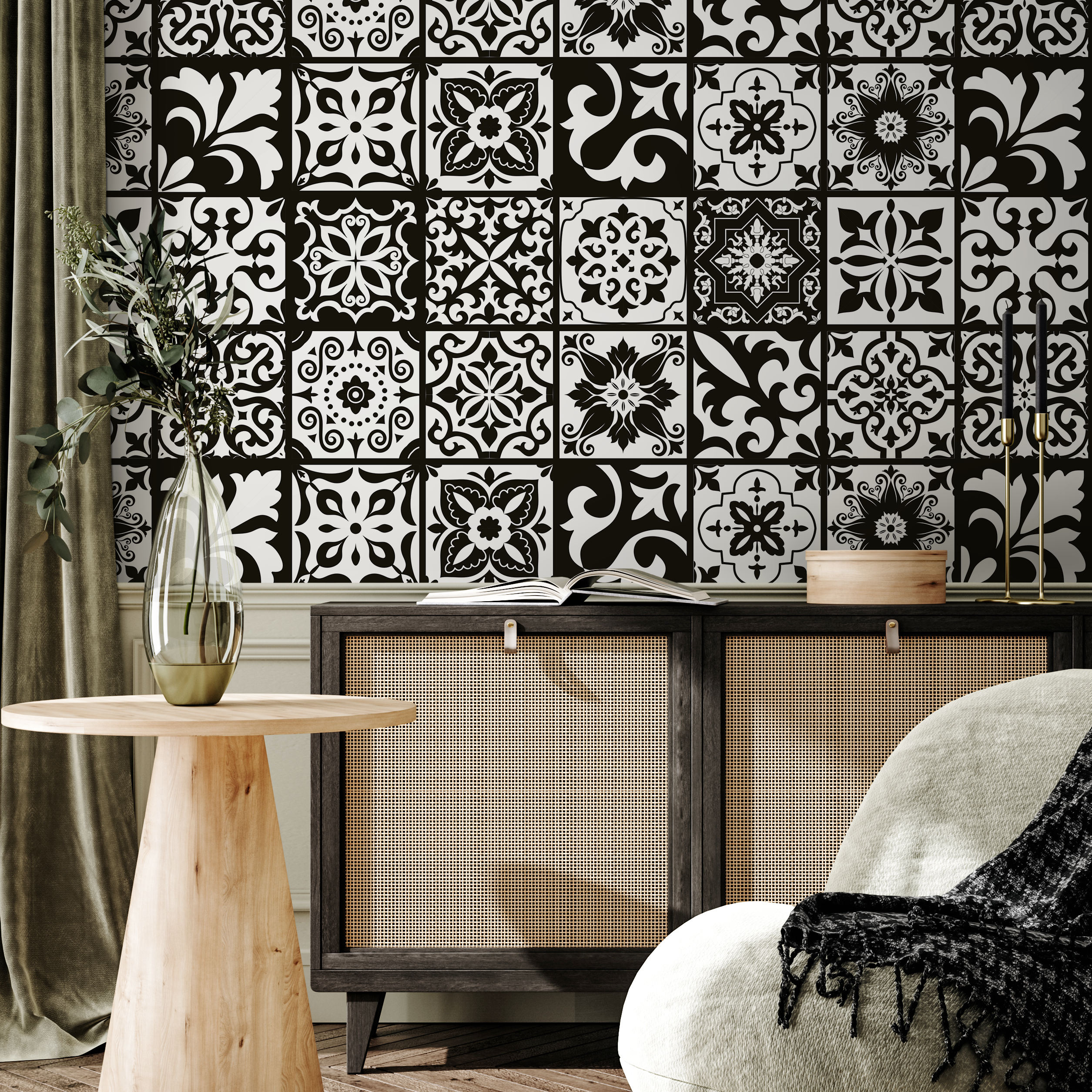 Tile Wallpaper With Ornamental Patterns In Black And White - B759