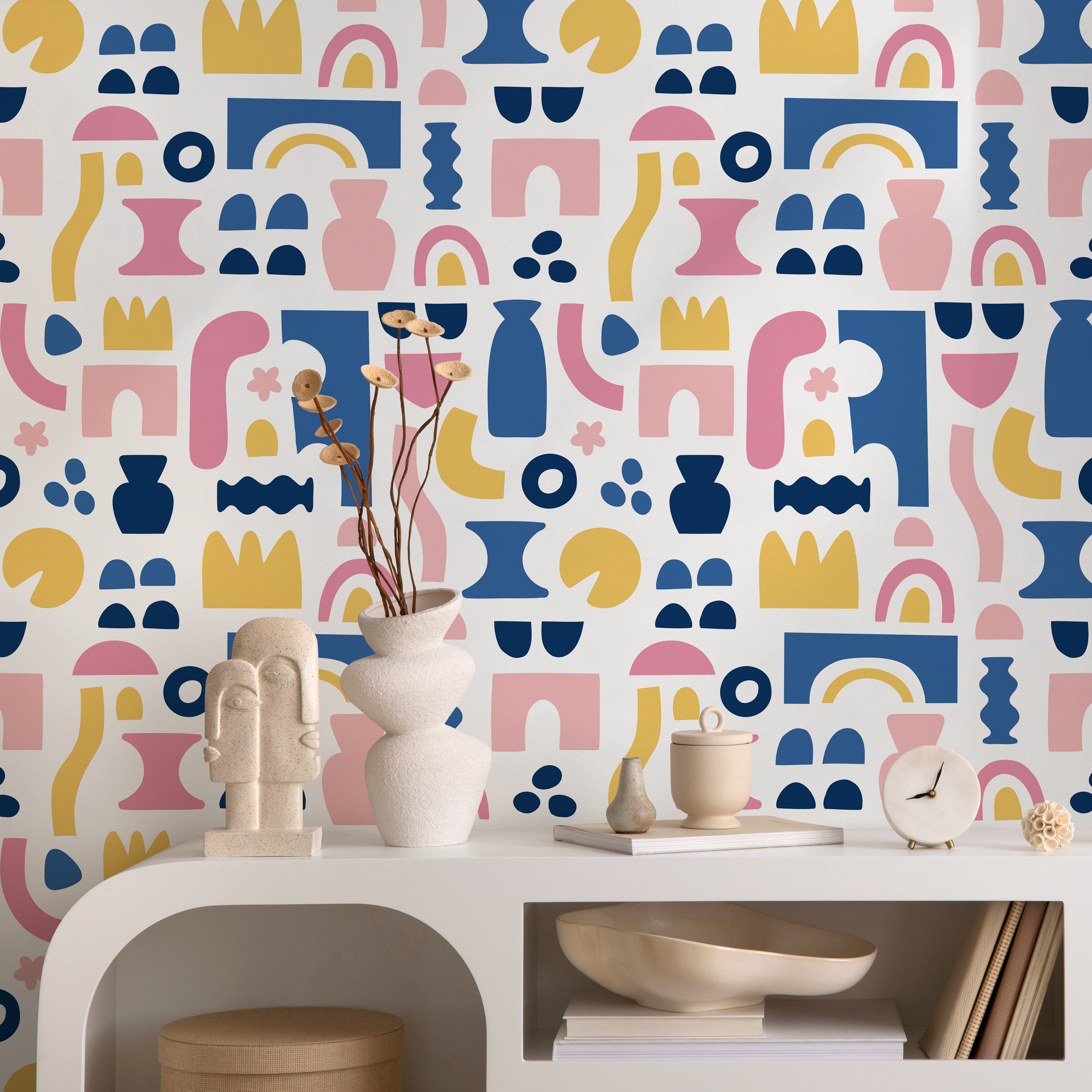 Abstract Wallpaper With Bold Cut-out Shapes In Blue, Pink, And Yellow - B760