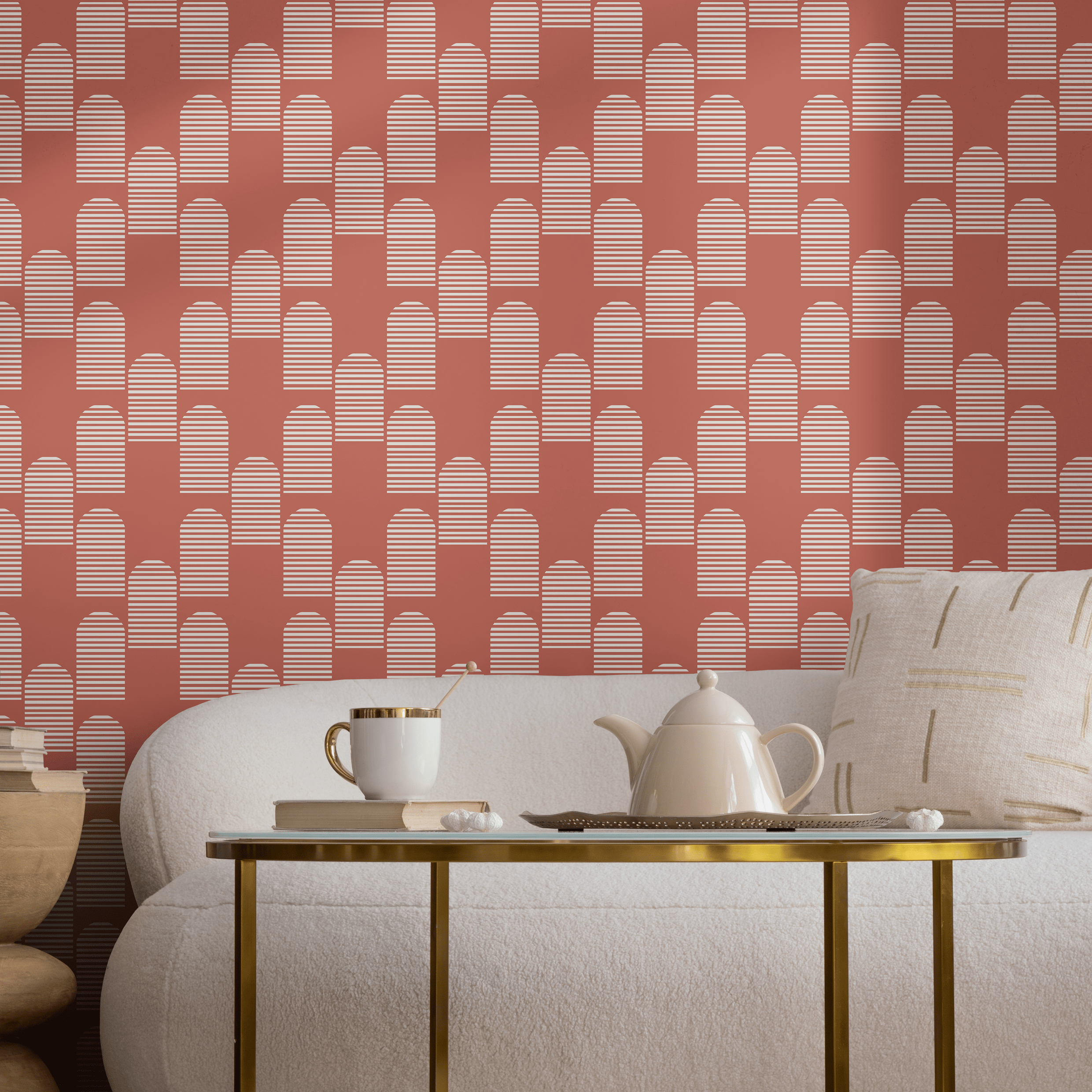 Geometric Wallpaper With A Striped Arch Motif In Terracotta And White - B761