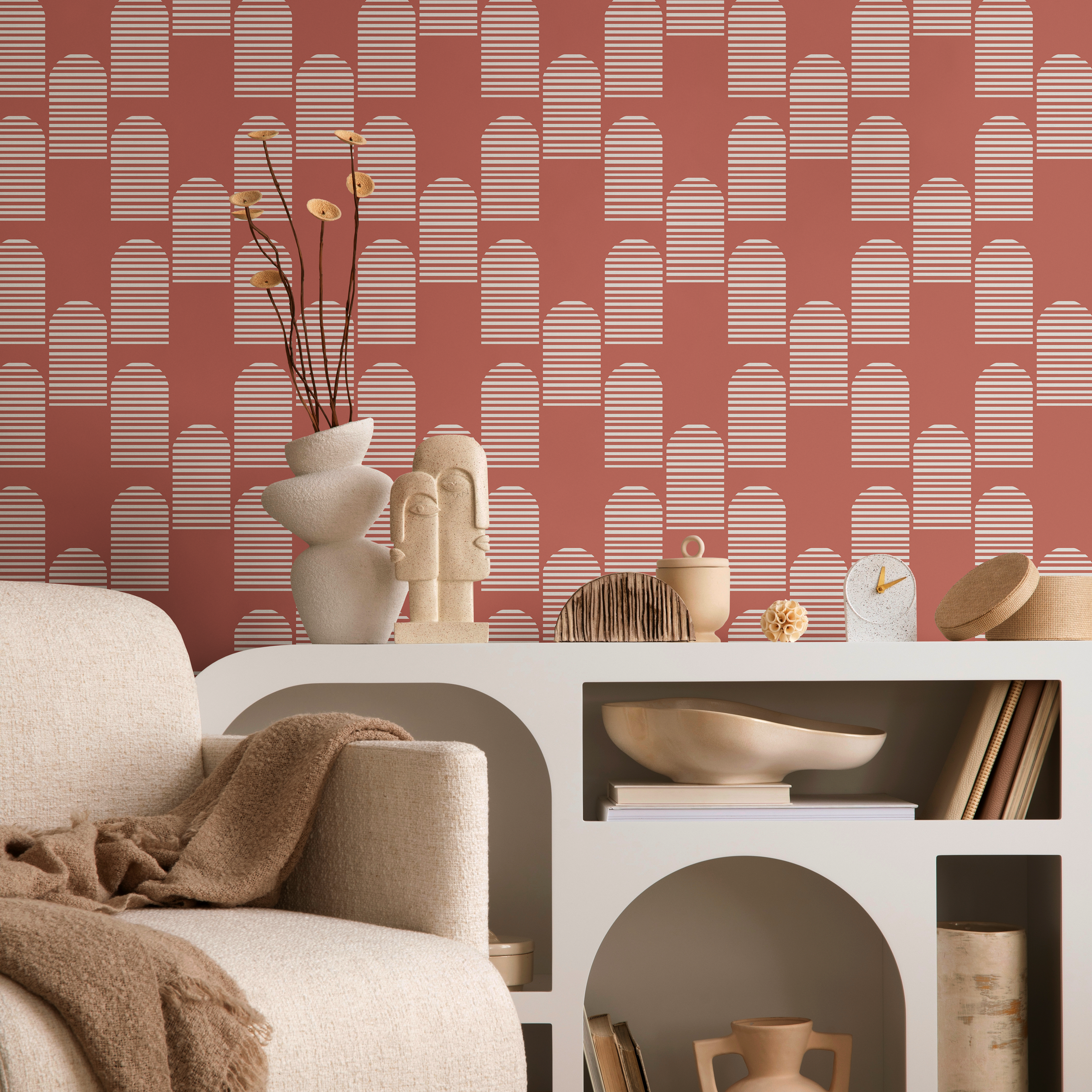 Geometric Wallpaper With A Striped Arch Motif In Terracotta And White - B761