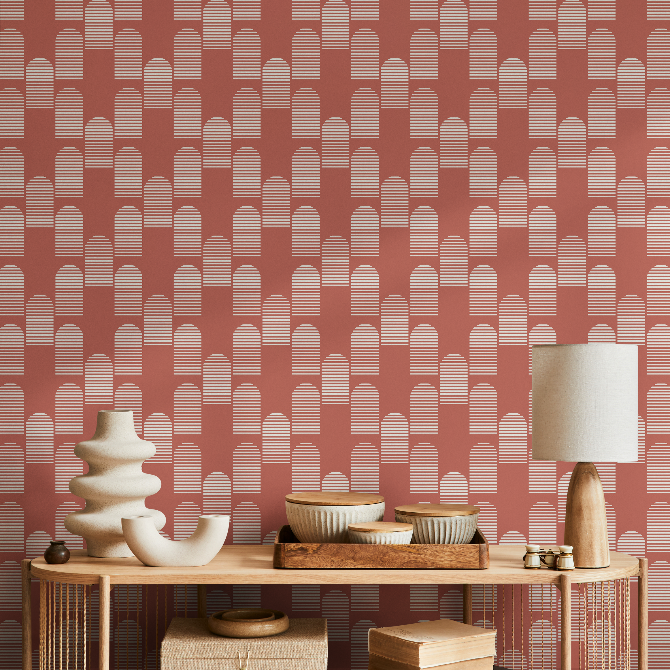Geometric Wallpaper With A Striped Arch Motif In Terracotta And White - B761