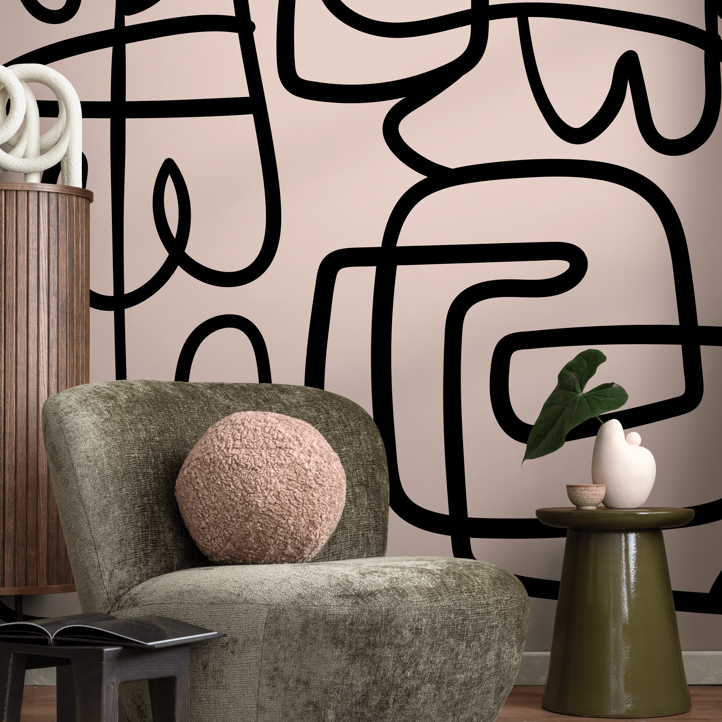 Abstract Wallpaper With A Bold Continuous Line Motif In Black And Beige - B762