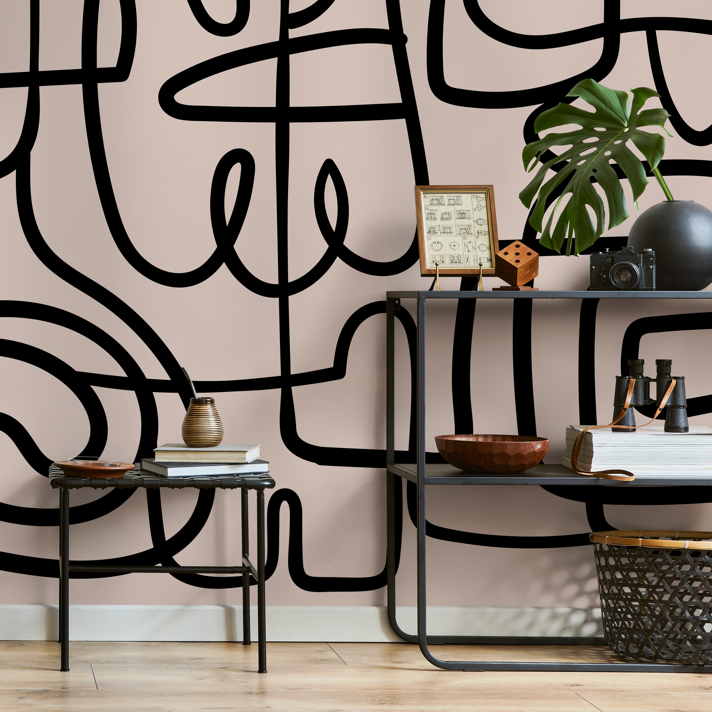 Abstract Wallpaper With A Bold Continuous Line Motif In Black And Beige - B762
