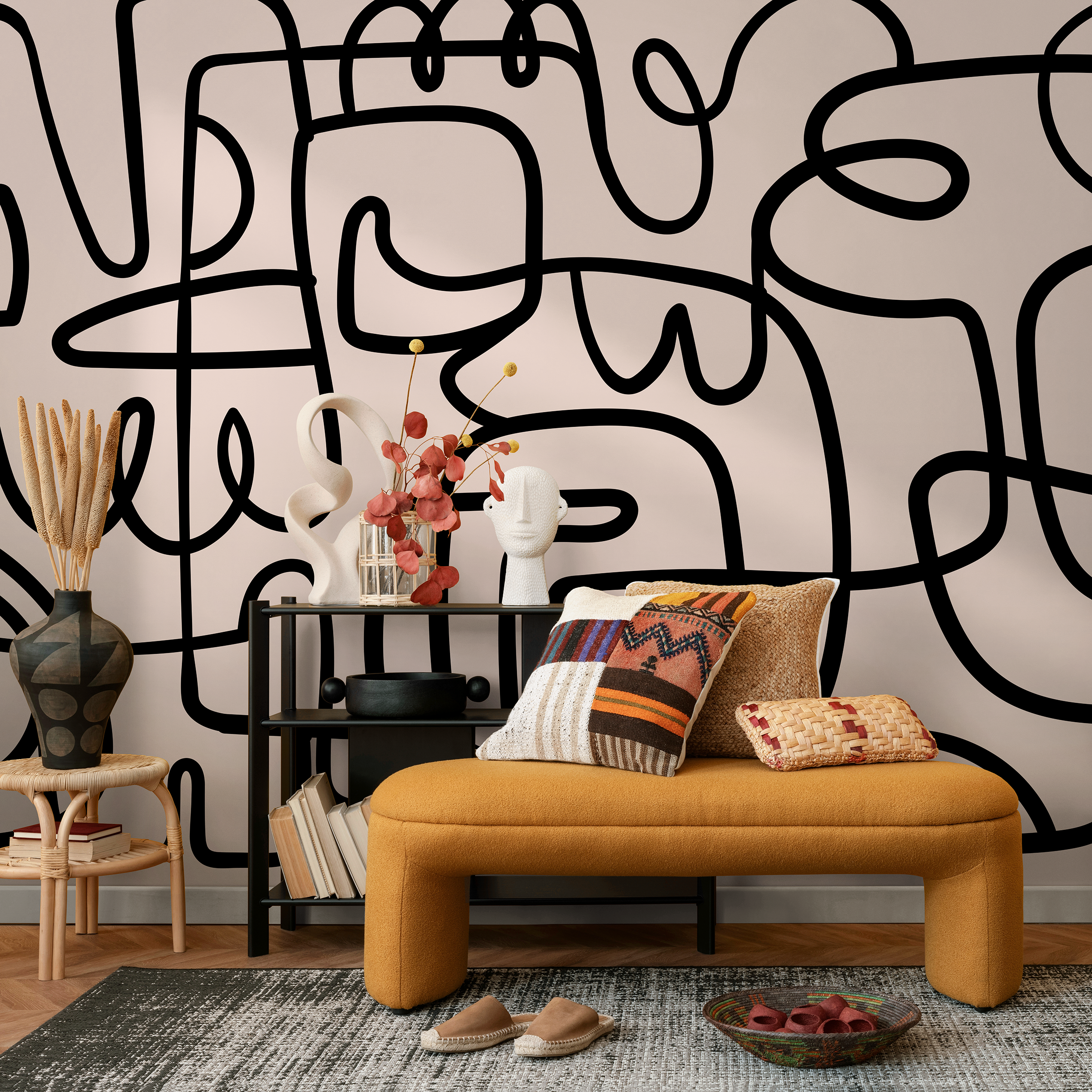 Abstract Wallpaper With A Bold Continuous Line Motif In Black And Beige - B762
