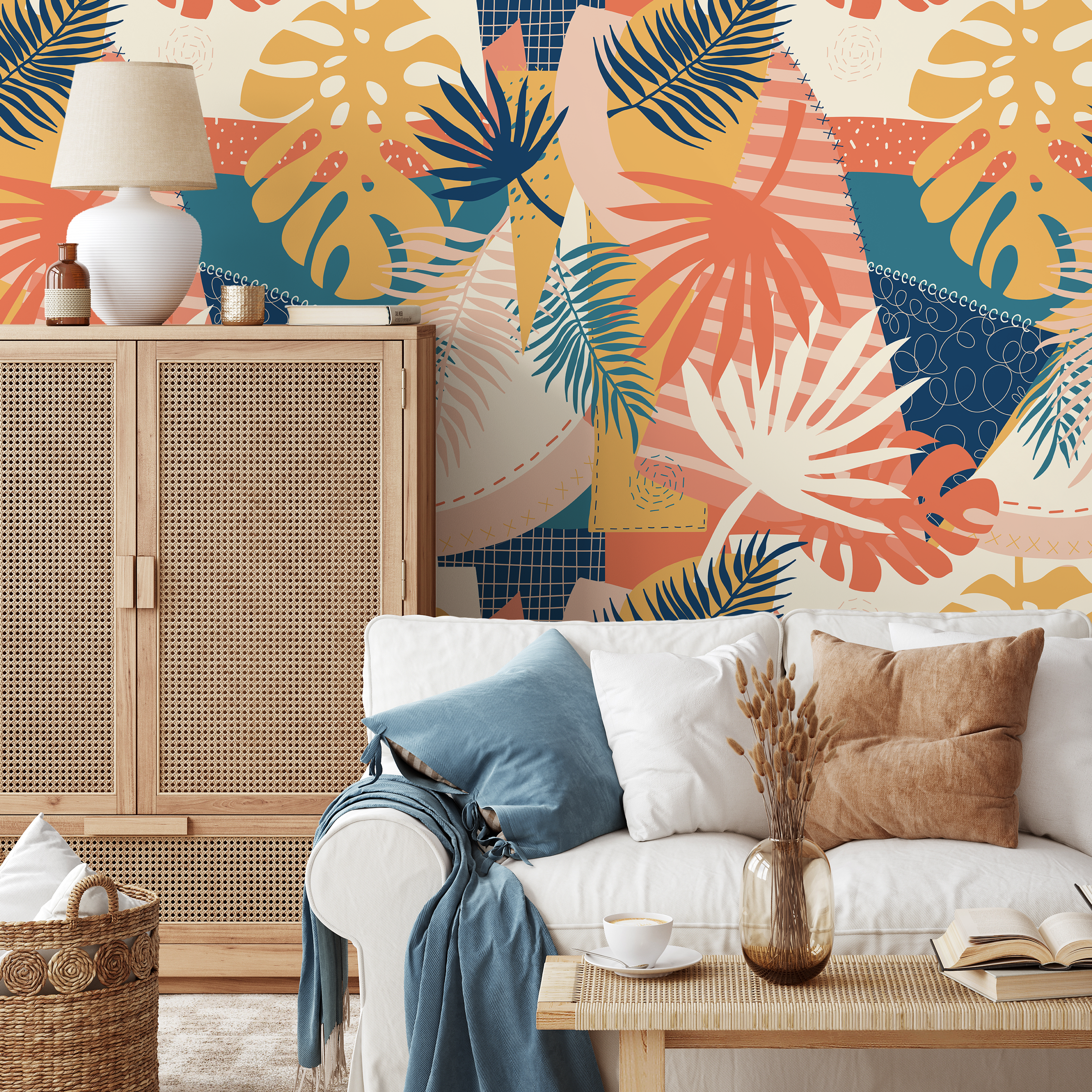 Abstract Wallpaper With A Tropical Leaf Patchwork In Blue, Yellow, And Orange - B763