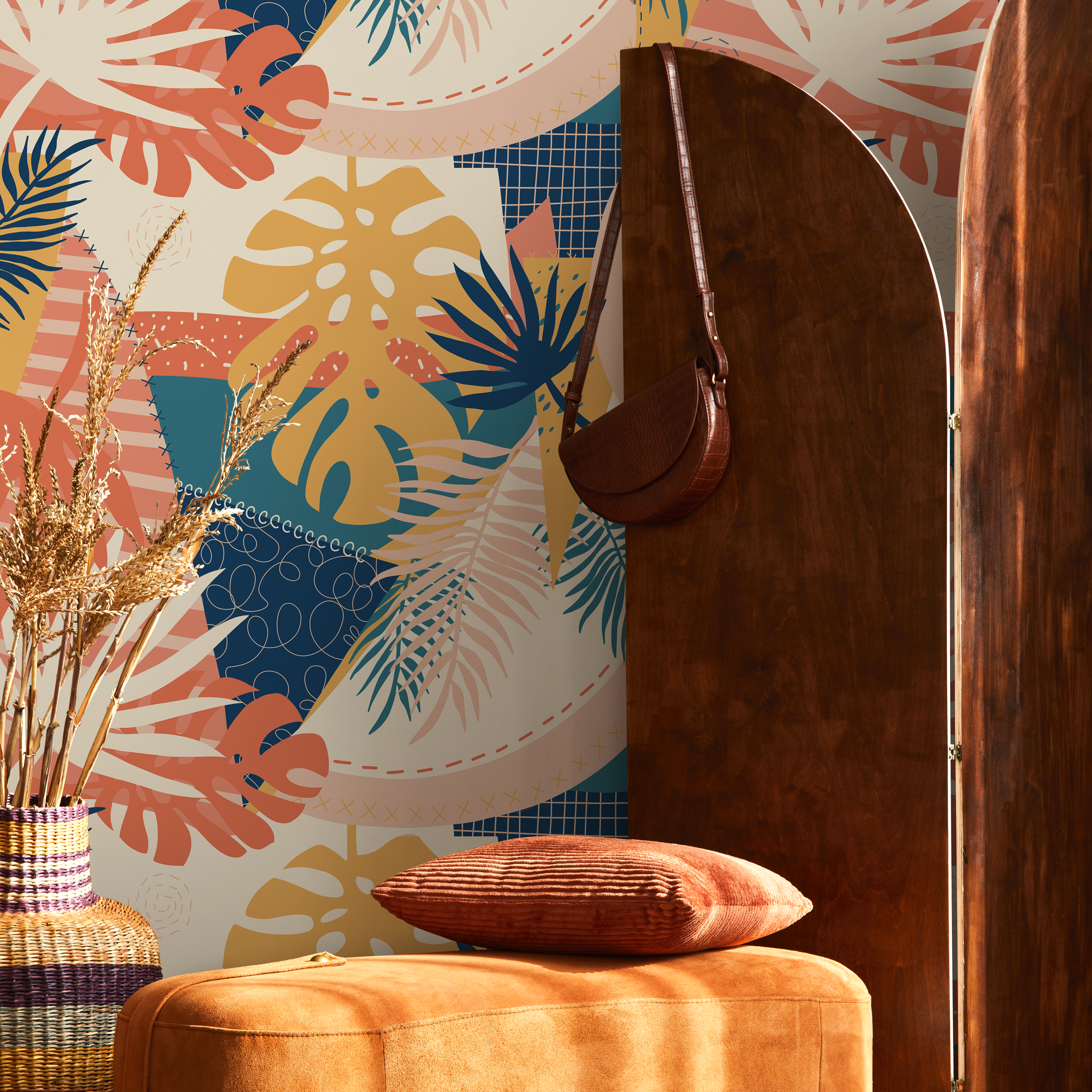 Abstract Wallpaper With A Tropical Leaf Patchwork In Blue, Yellow, And Orange - B763