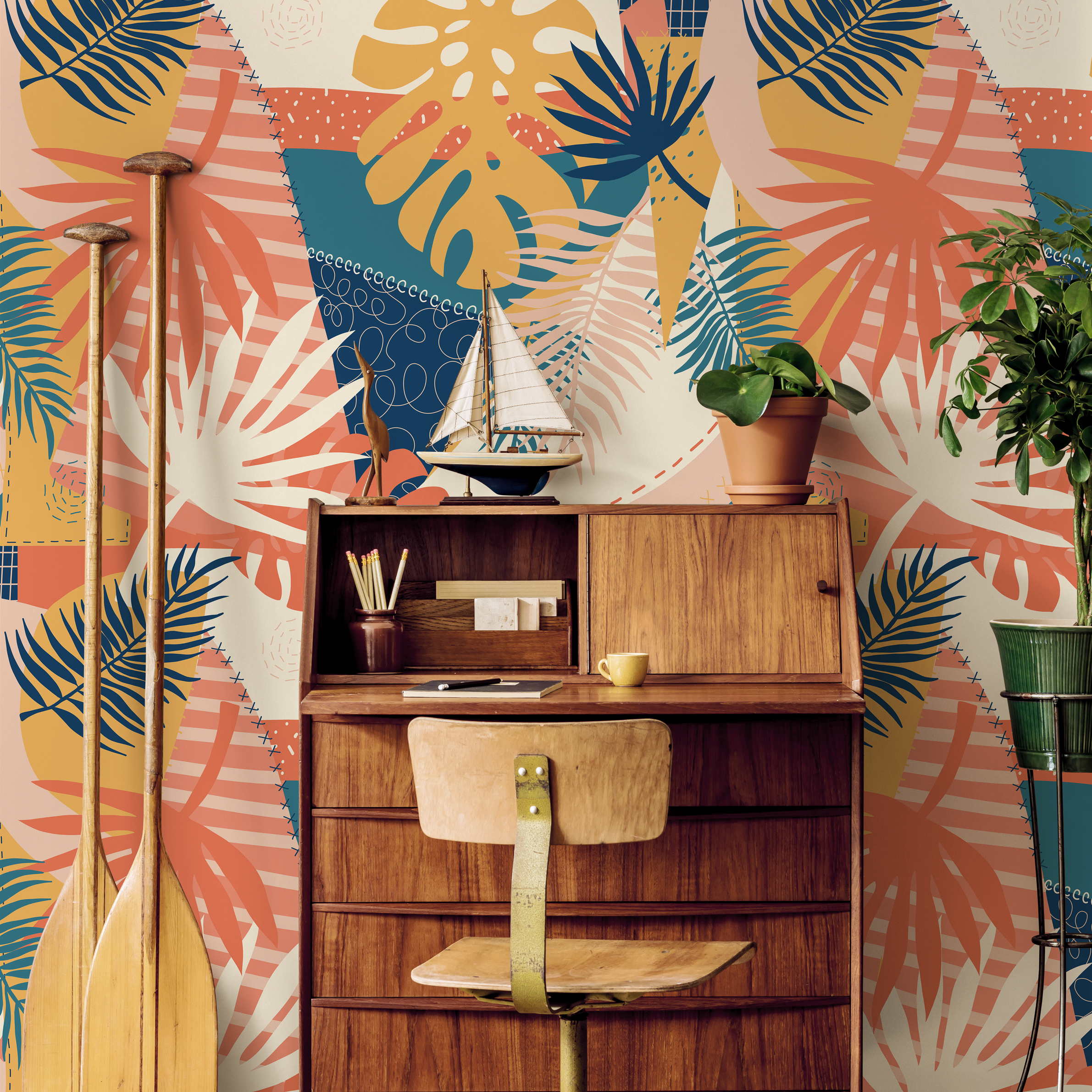 Abstract Wallpaper With A Tropical Leaf Patchwork In Blue, Yellow, And Orange - B763