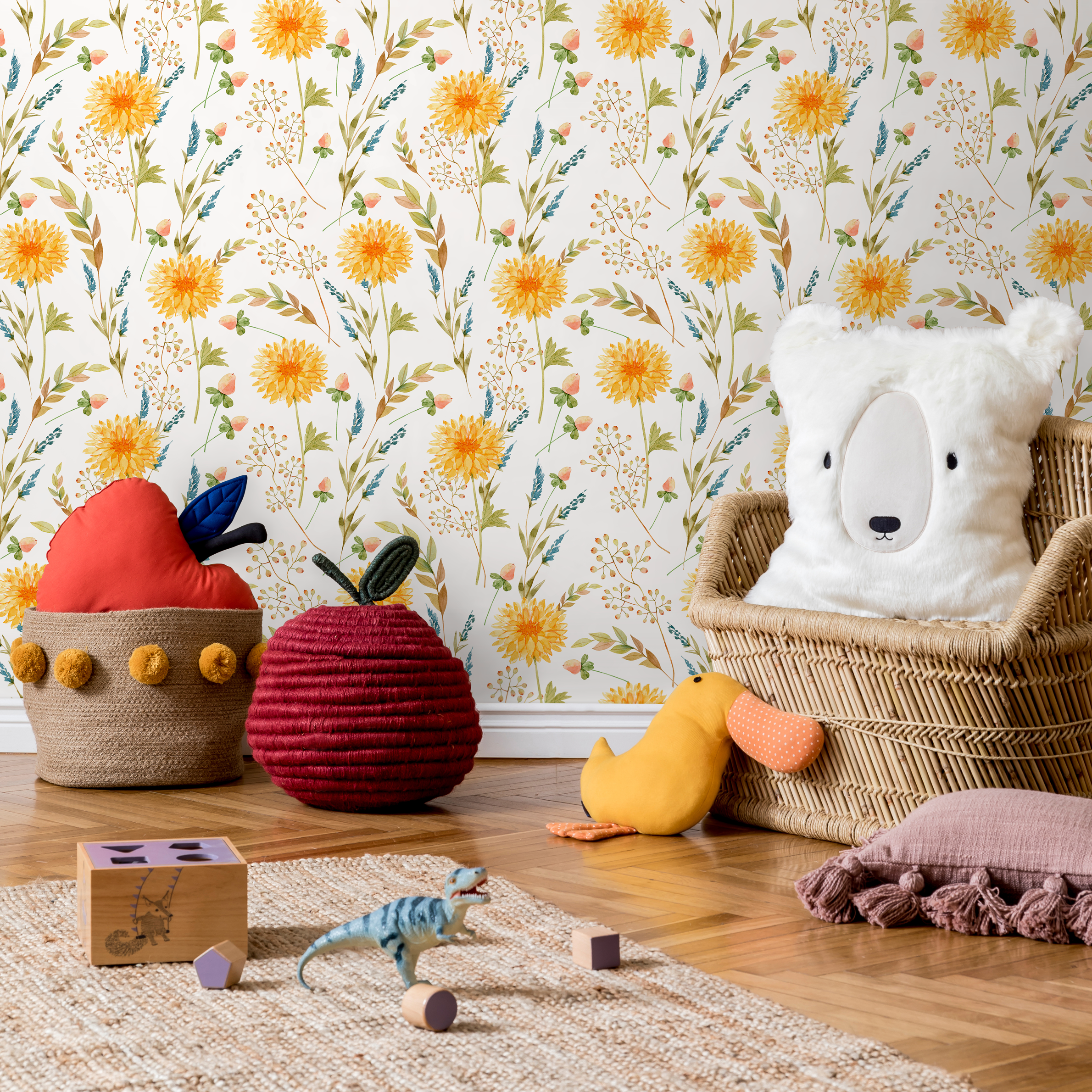 Floral Wallpaper With Watercolor Chrysanthemums In Yellow, Blue, And Green - B764