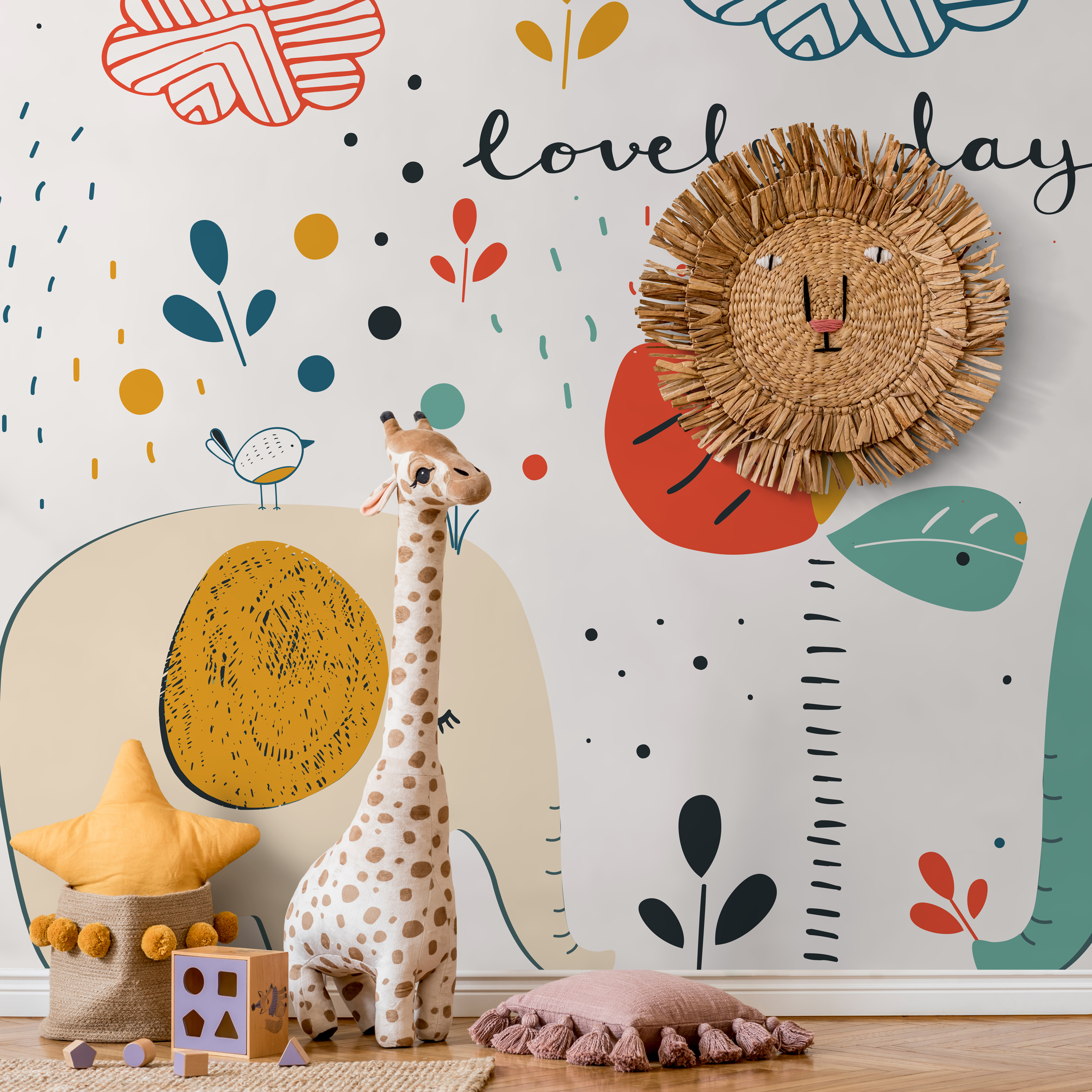 Kids Wallpaper With A Playful Elephant And Growth Chart In Red, Yellow, And Blue - B766