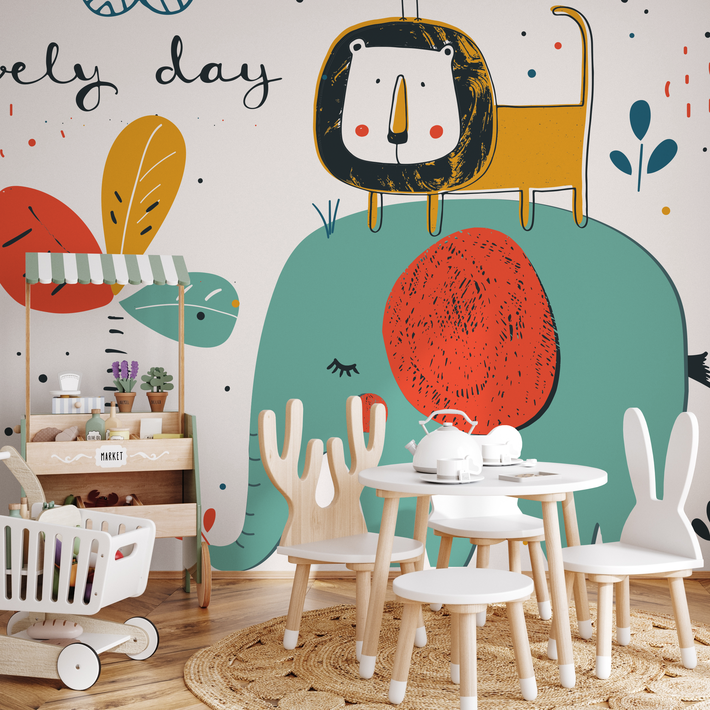 Kids Wallpaper With A Playful Elephant And Growth Chart In Red, Yellow, And Blue - B766