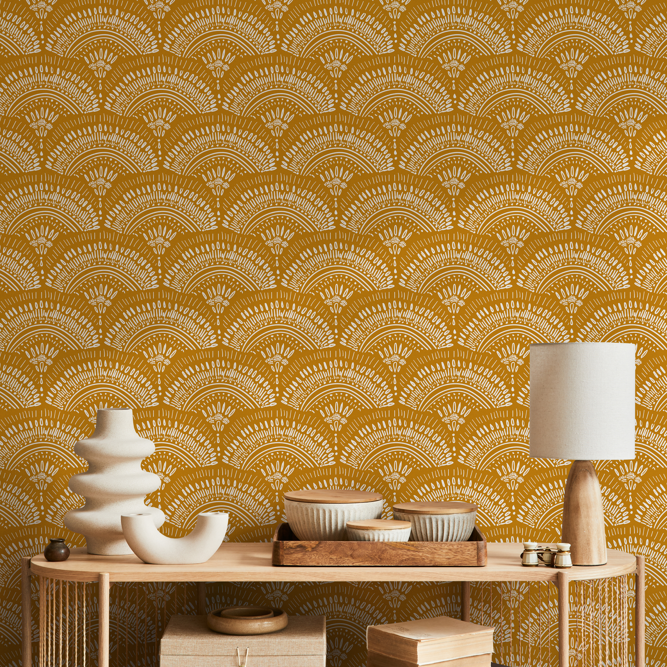 Art Deco Wallpaper With Scalloped Fans In Mustard Yellow And White - B767