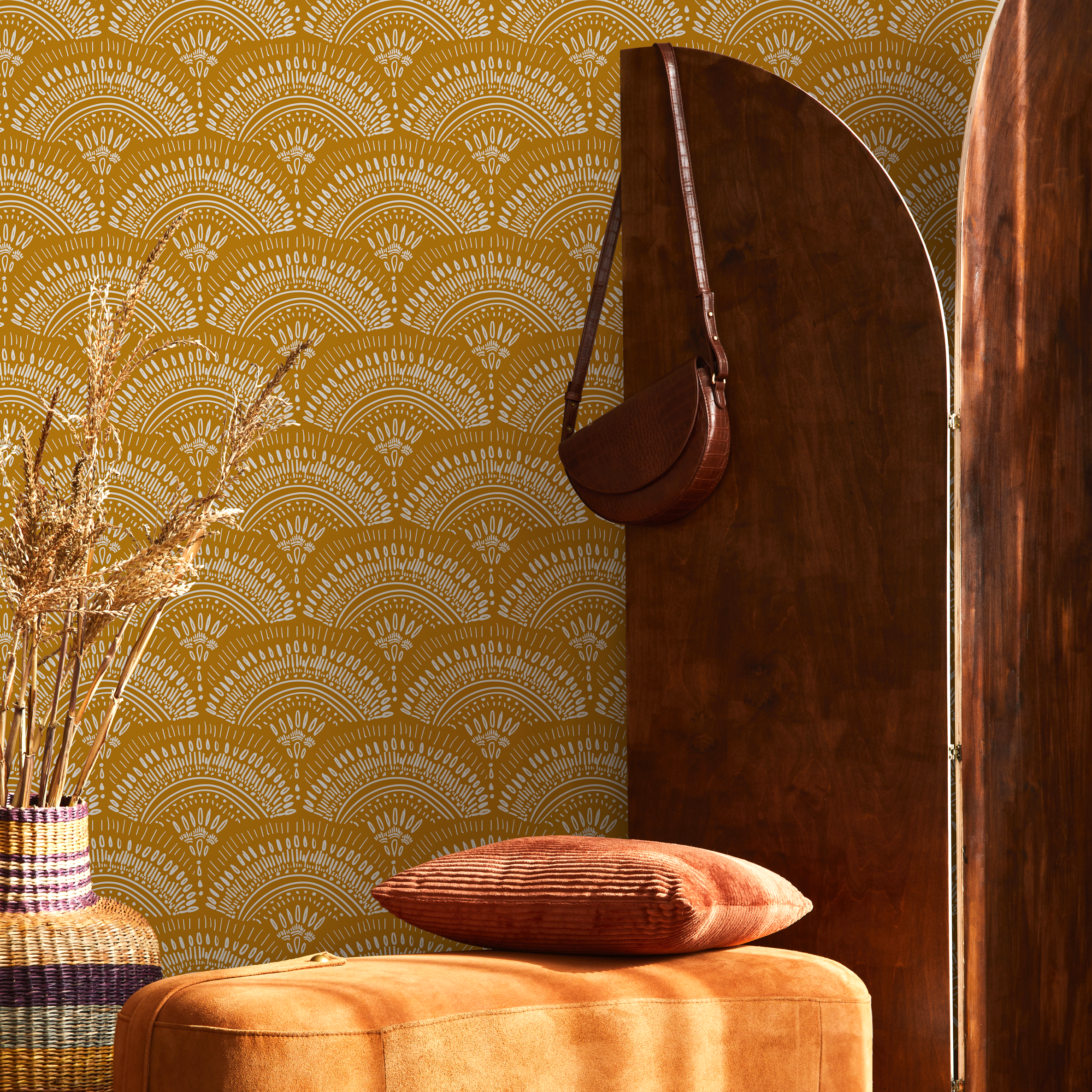 Art Deco Wallpaper With Scalloped Fans In Mustard Yellow And White - B767