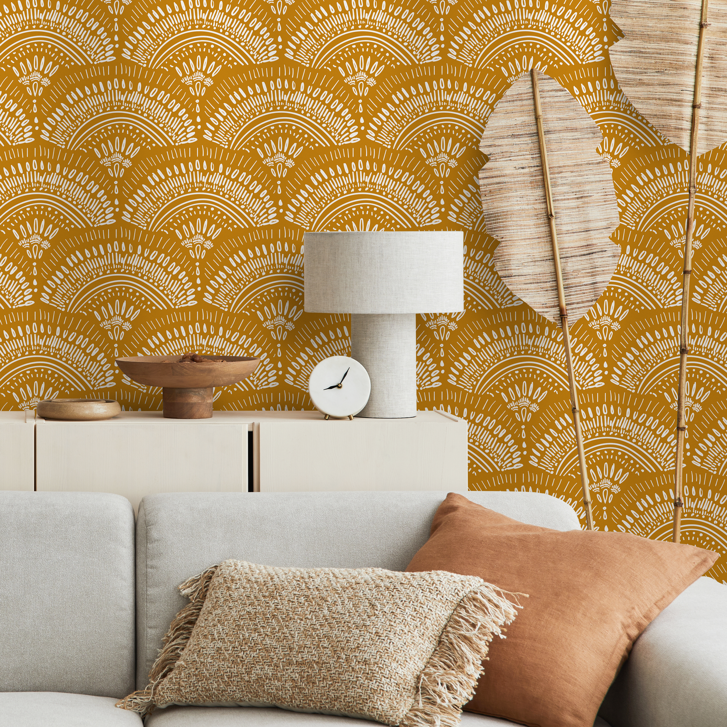 Art Deco Wallpaper With Scalloped Fans In Mustard Yellow And White - B767