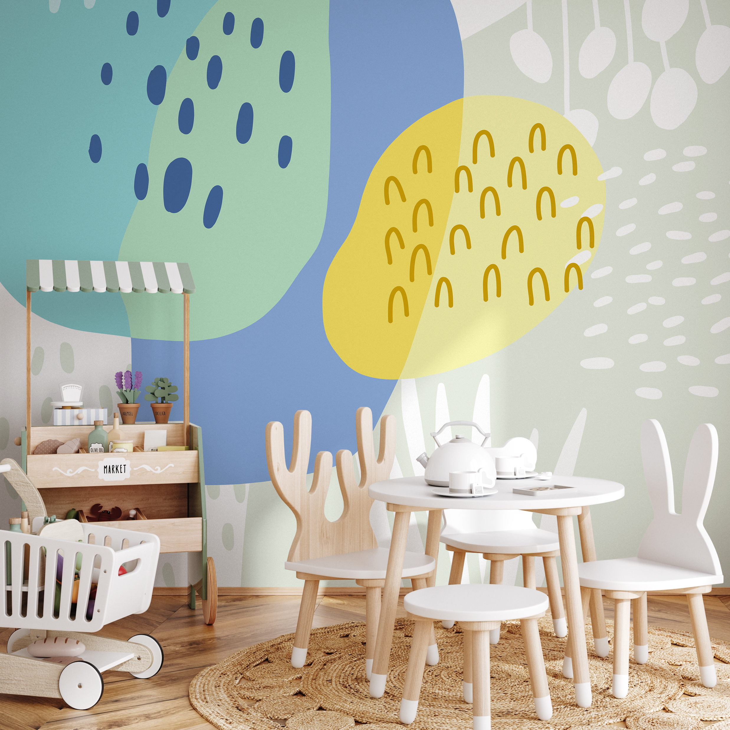 Abstract Wallpaper With Playful Organic Shapes In Blue, Green, And Yellow - B770