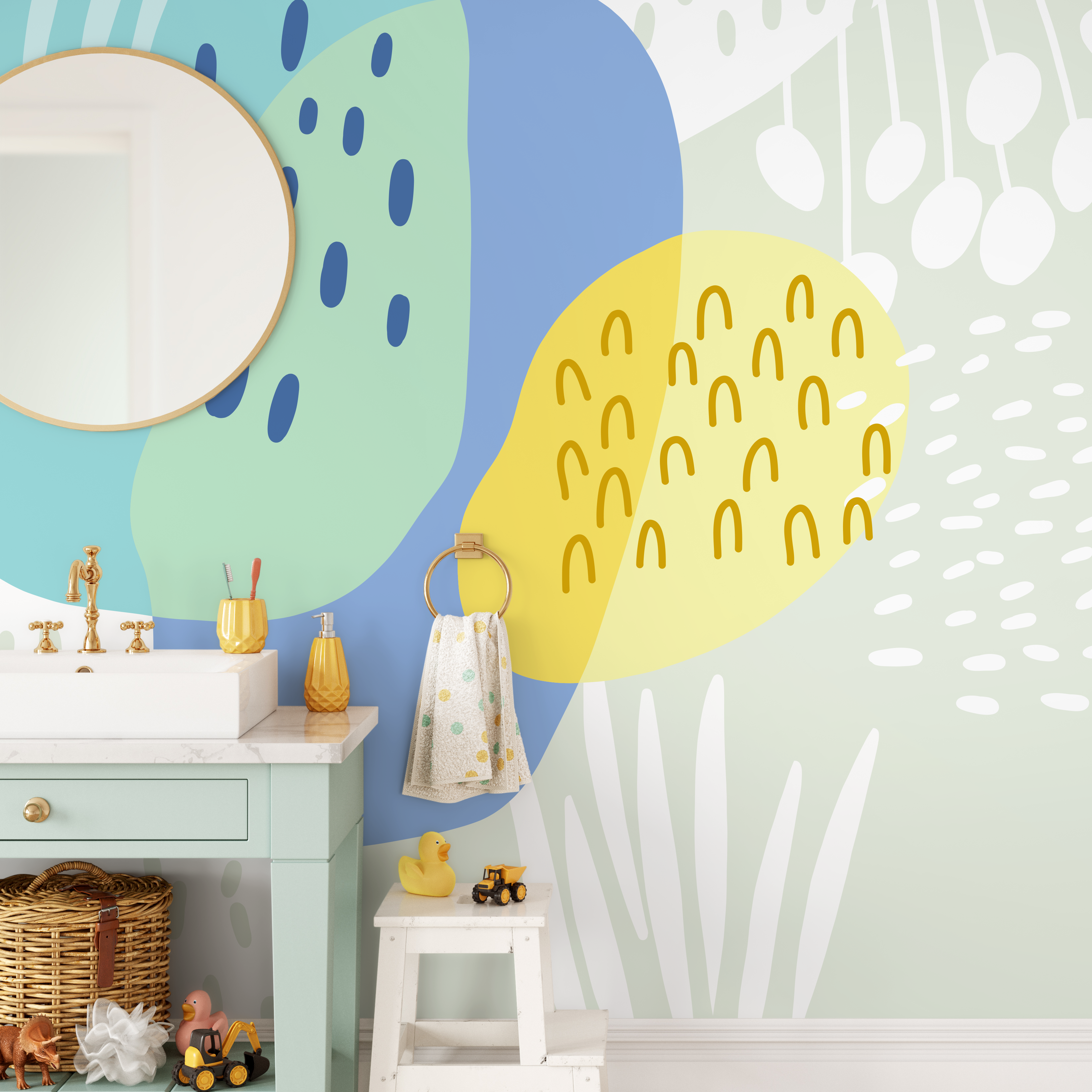 Abstract Wallpaper With Playful Organic Shapes In Blue, Green, And Yellow - B770