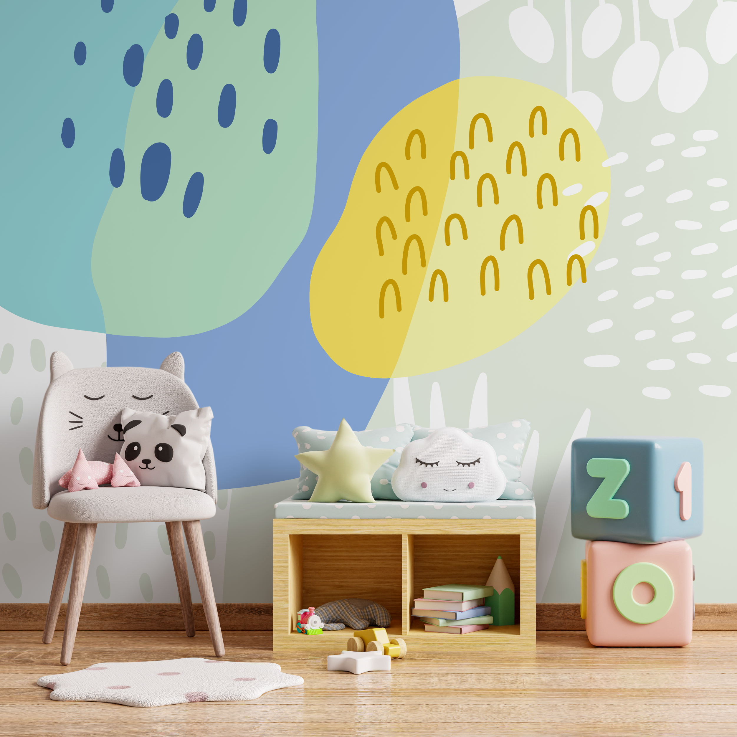 Abstract Wallpaper With Playful Organic Shapes In Blue, Green, And Yellow - B770