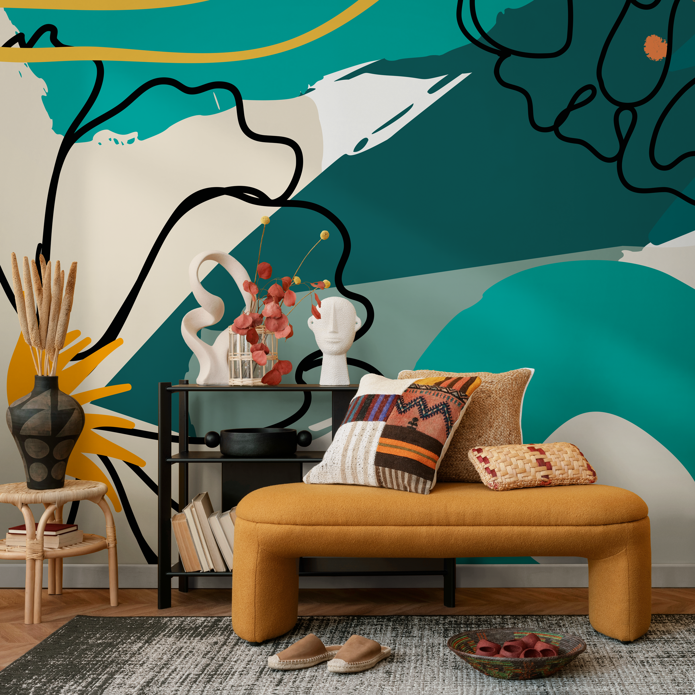 Abstract Wallpaper With Bold Shapes In Teal, Yellow, And Black - B772