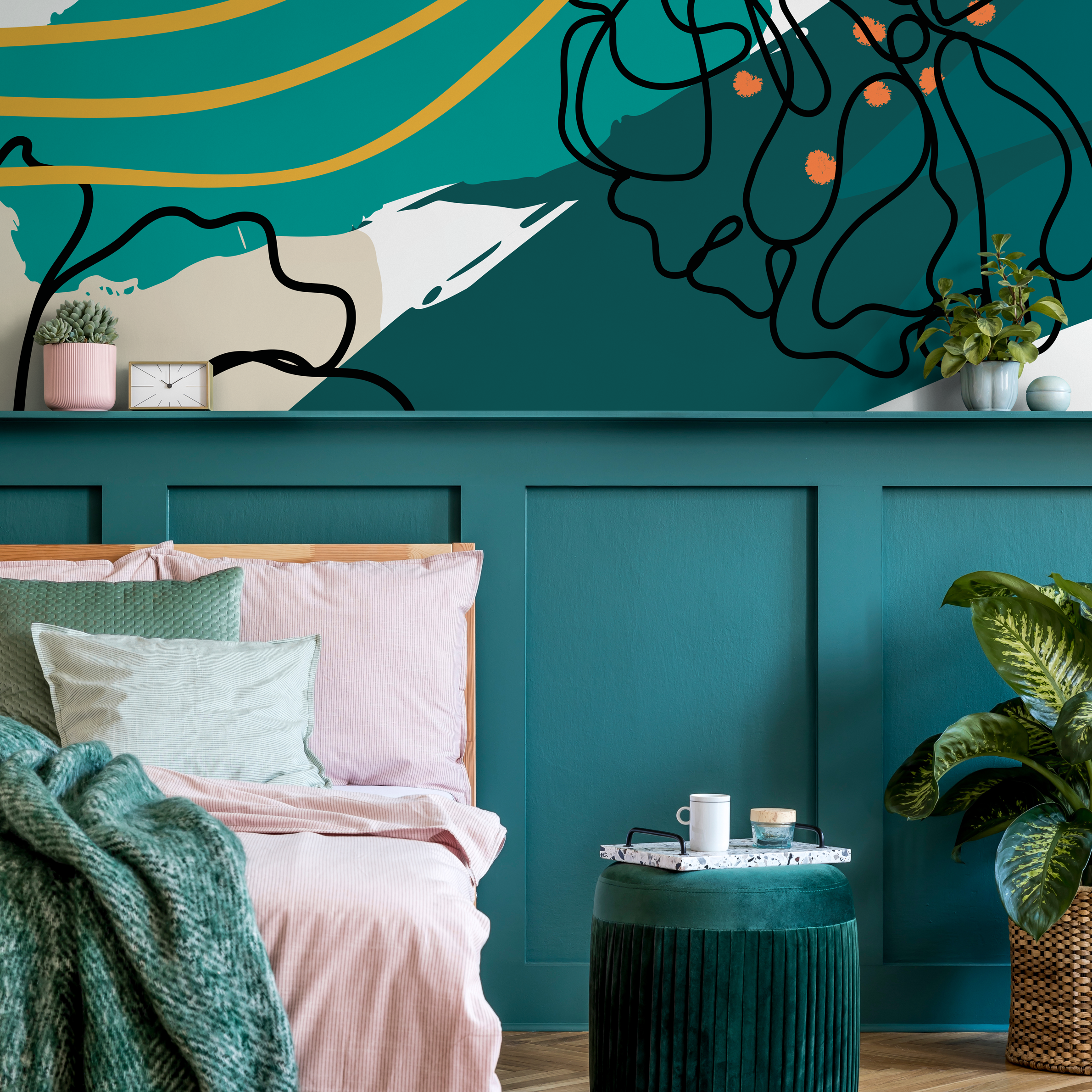 Abstract Wallpaper With Bold Shapes In Teal, Yellow, And Black - B772