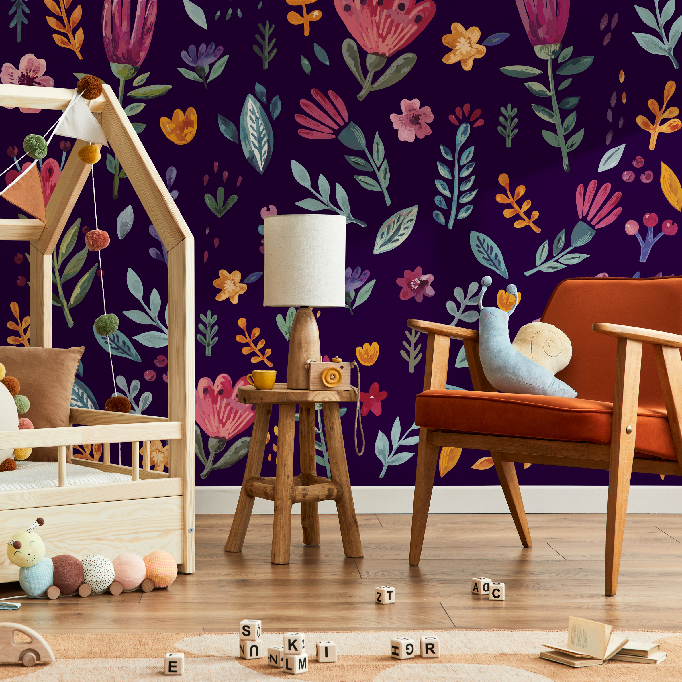 Floral Wallpaper With A Folk Art Motif In Purple And Pink - B773