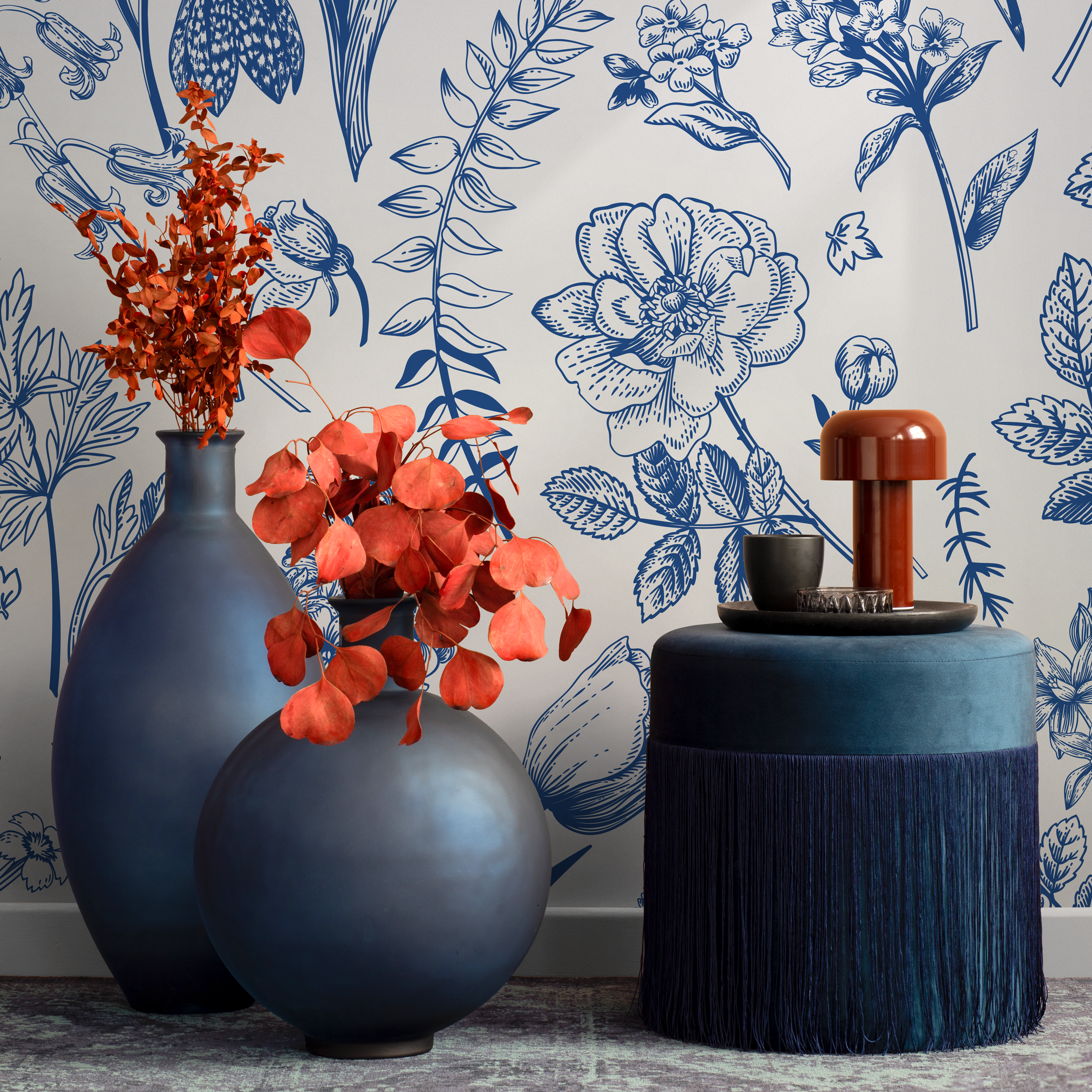 Botanical Wallpaper With A Vintage Wildflower Sketch In Blue And Cream - B775