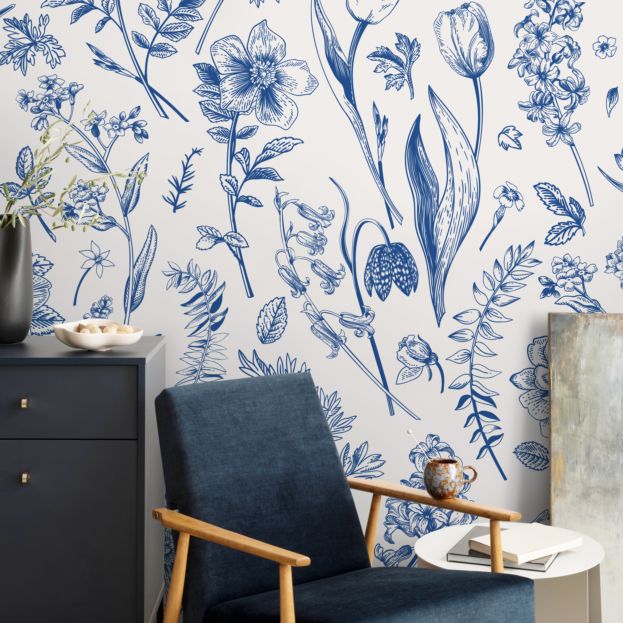 Botanical Wallpaper With A Vintage Wildflower Sketch In Blue And Cream - B775