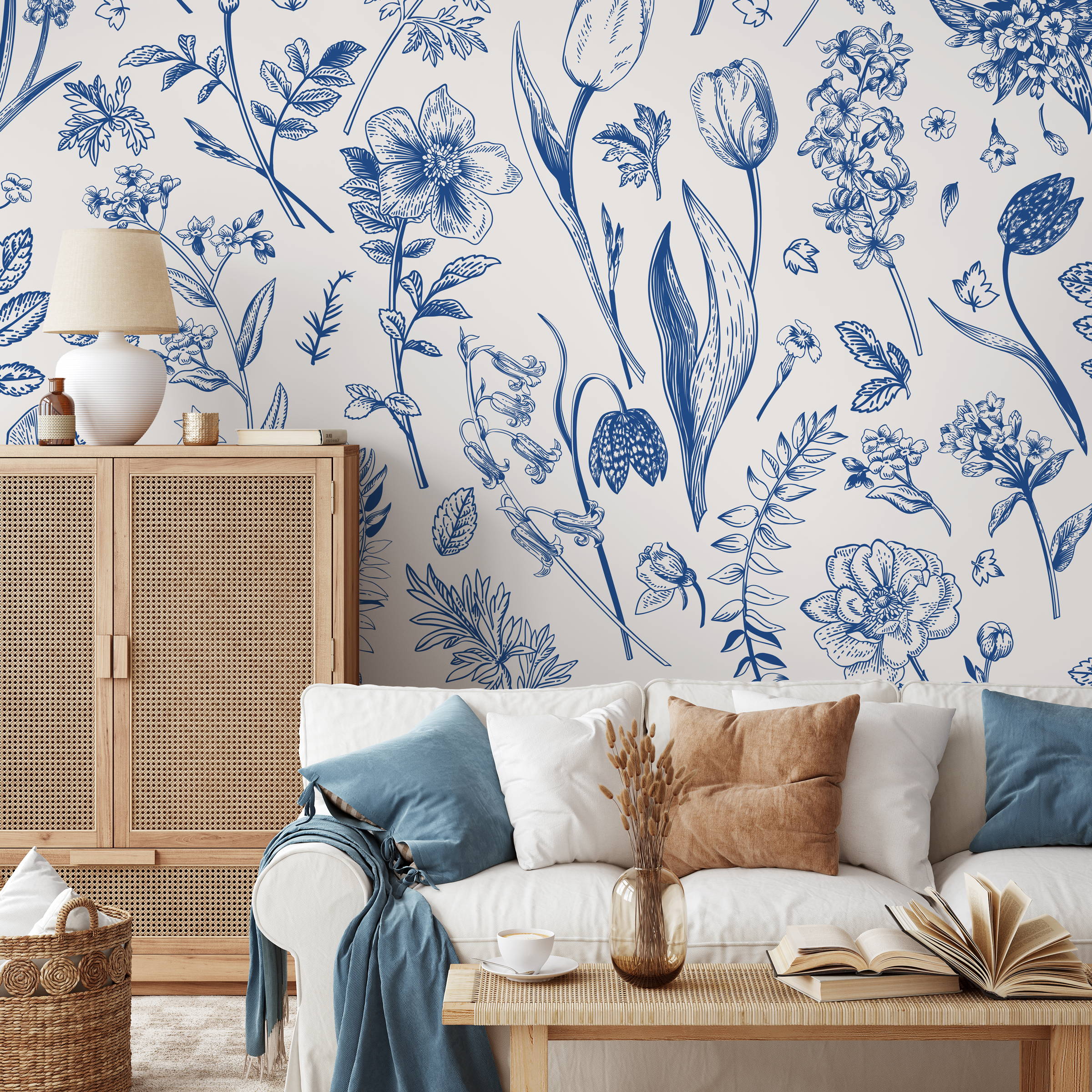 Botanical Wallpaper With A Vintage Wildflower Sketch In Blue And Cream - B775