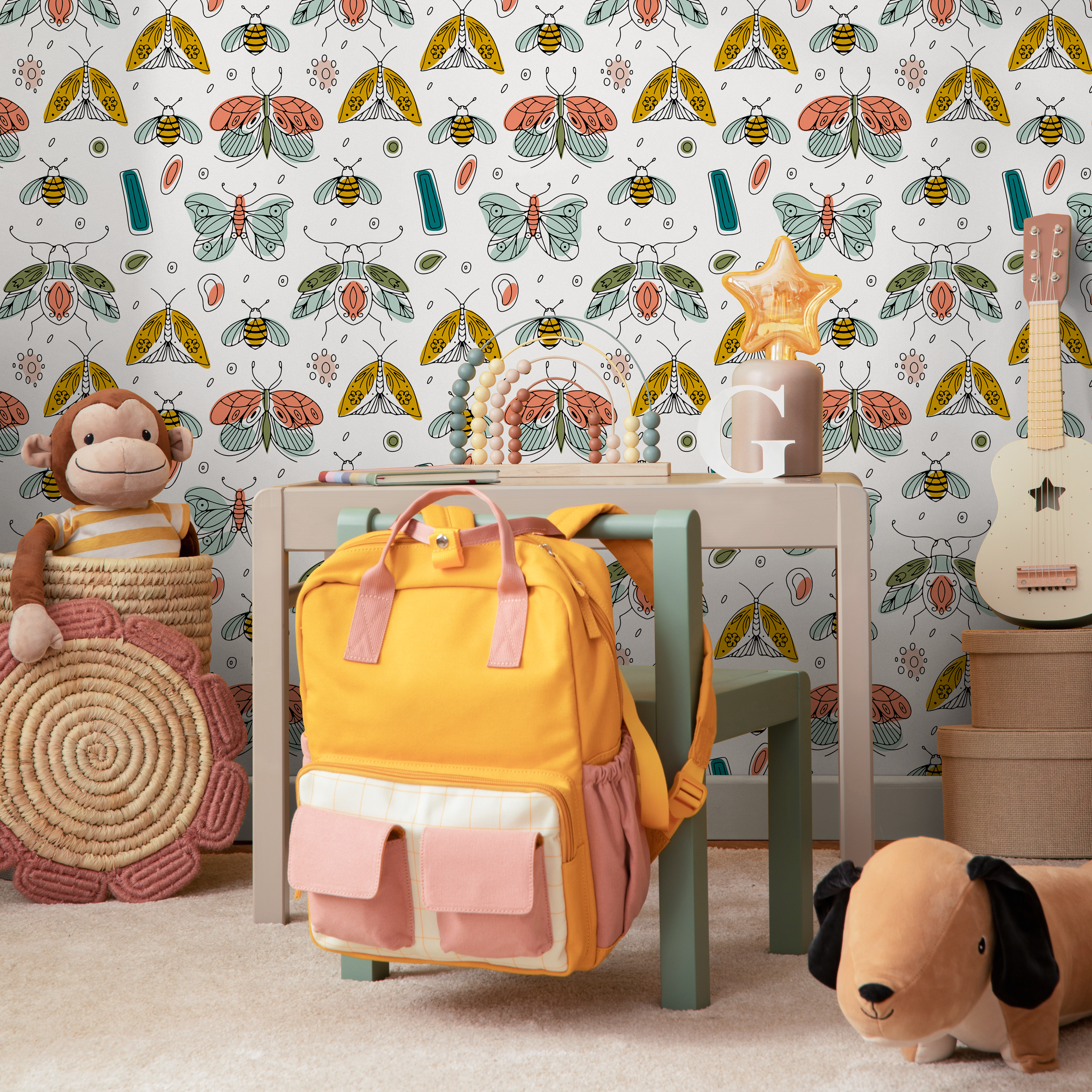 Insect Wallpaper With Hand-drawn Moths In Teal, Yellow, And Pink - B777